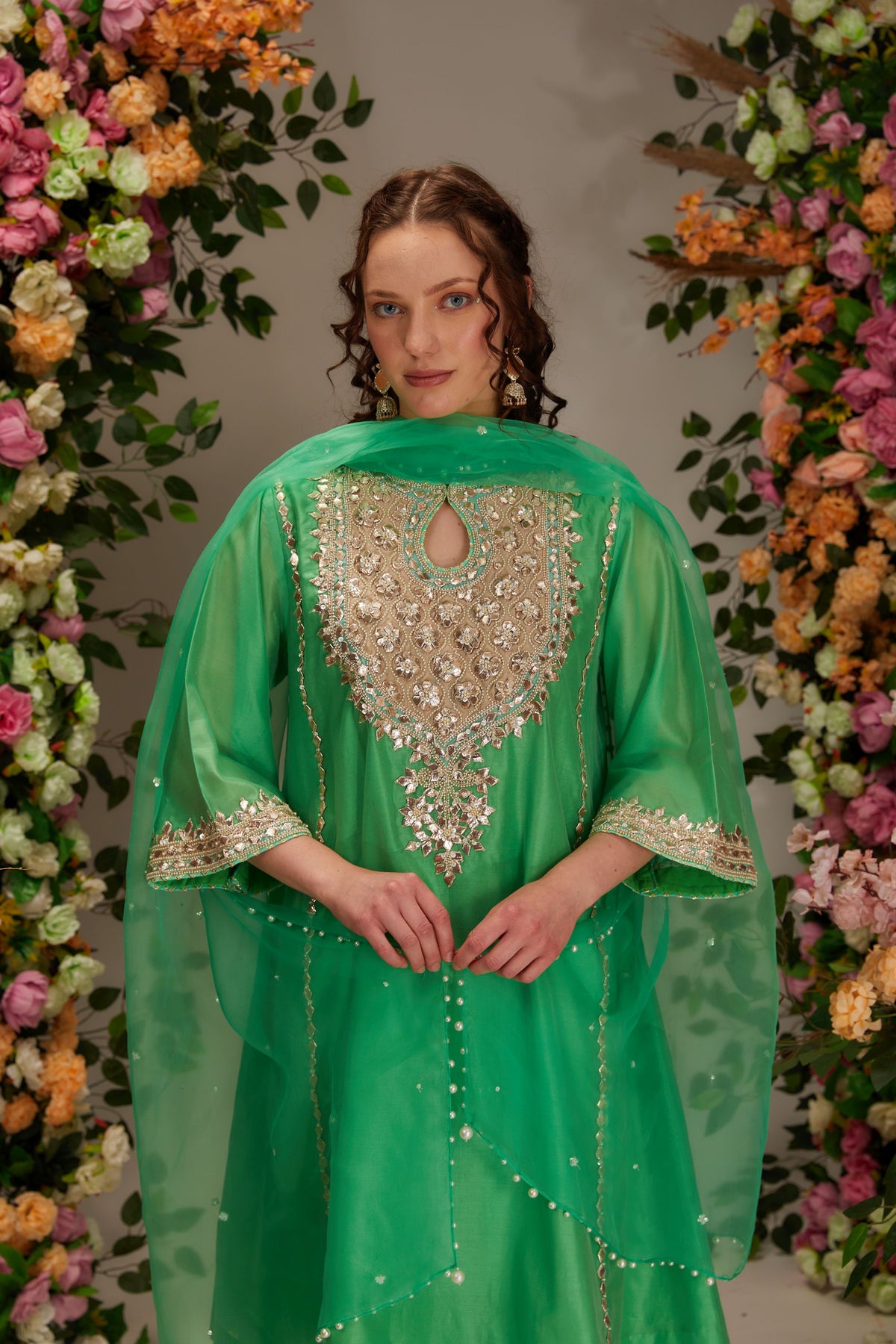 Green Chanderi Short A-line Kurta set - Preeti s kapoor