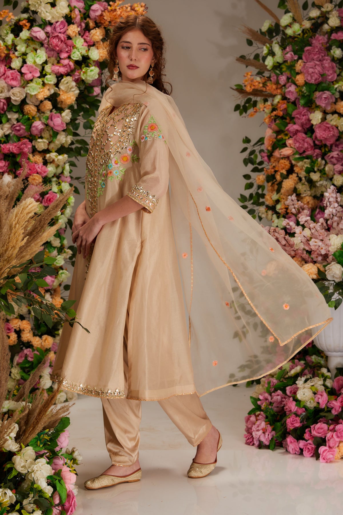Beige Chanderi Long Front open kurta set - Preeti s kapoor