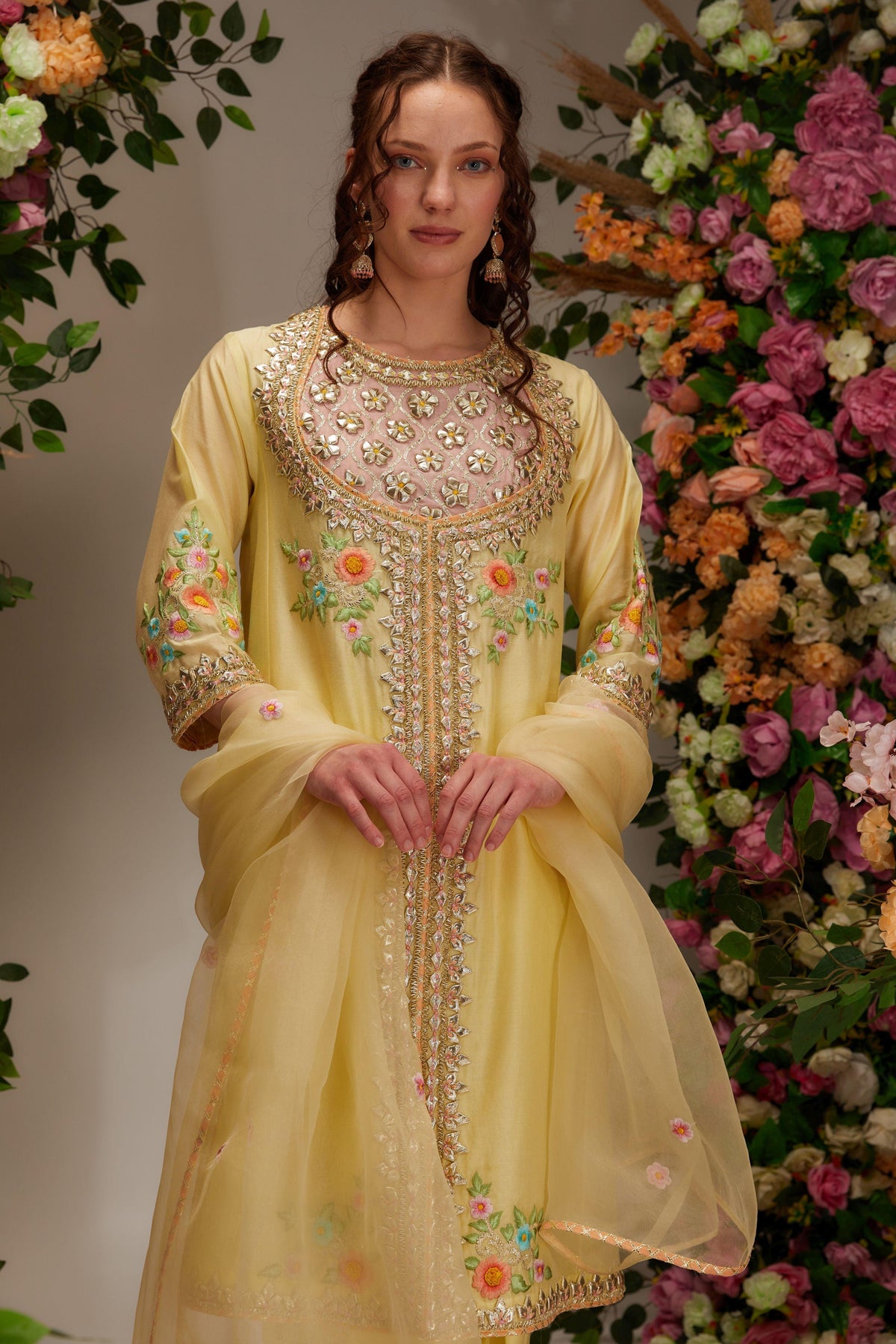 Light Yellow Chanderi short Front open kurta set - Preeti s kapoor