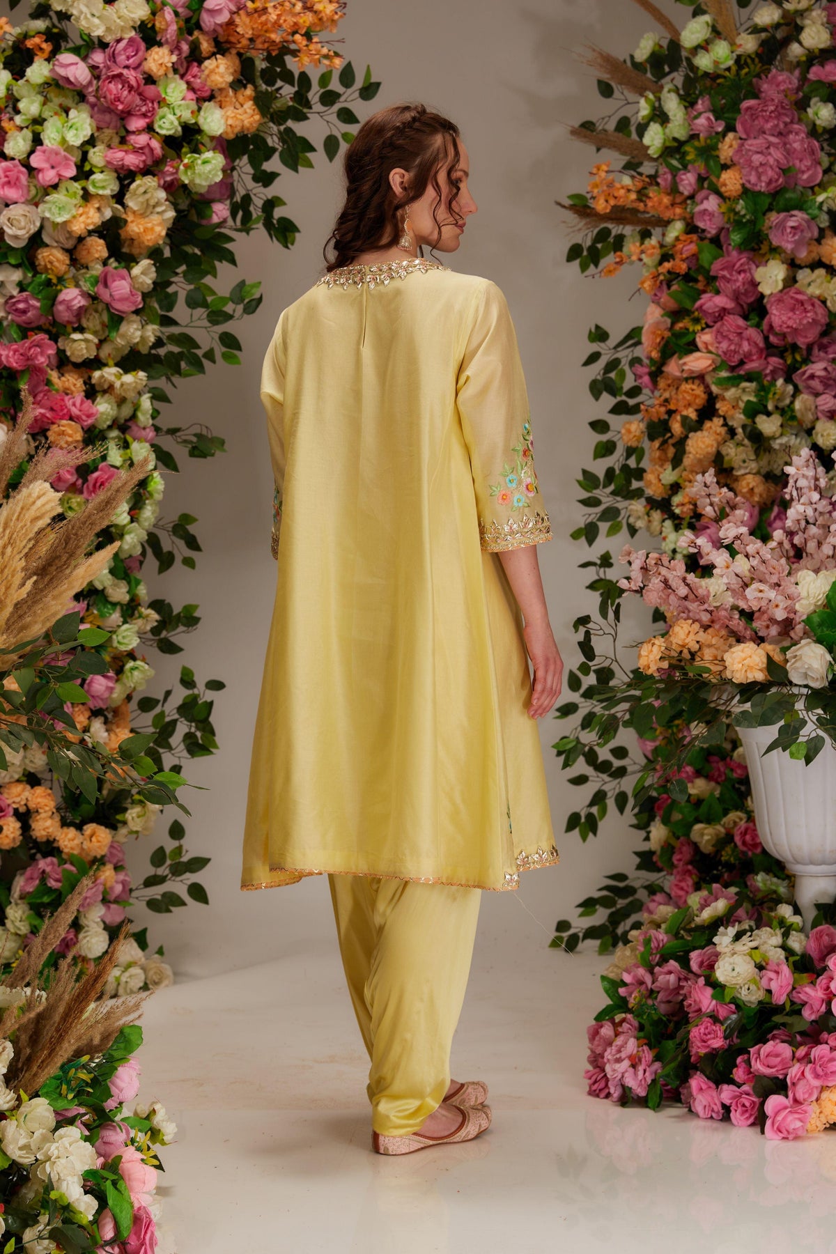 Light Yellow Chanderi short Front open kurta set - Preeti s kapoor