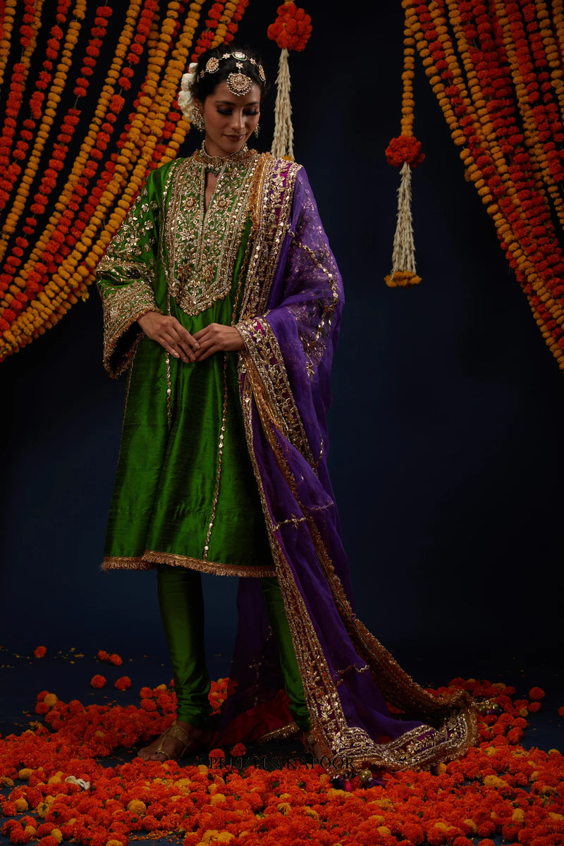 Green raw silk straight kurta with gold Gota and Kundan embroidery and purple dupatta – Preeti S Kapoor