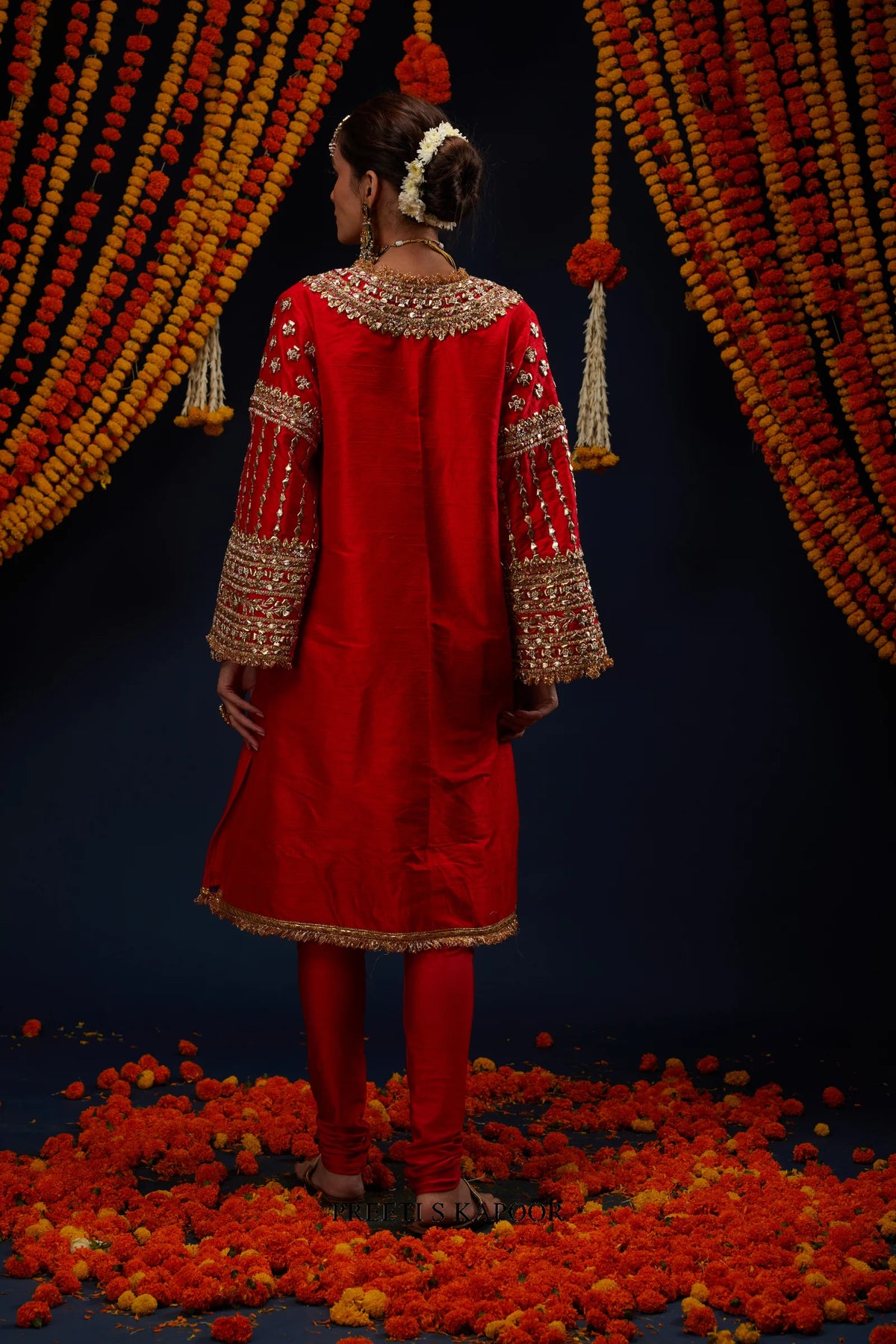 Red embroidered kurta back view with full-length bell sleeves – Preeti S Kapoor