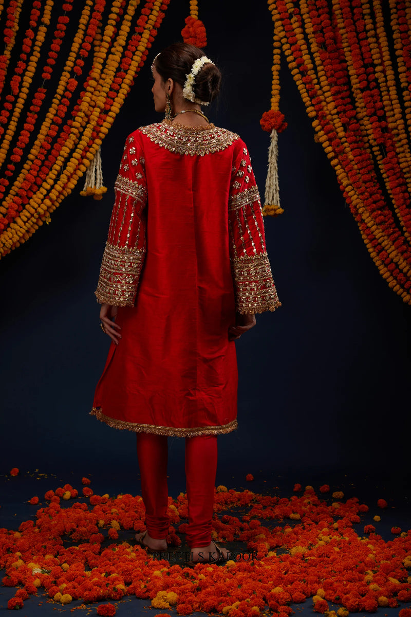 Red embroidered kurta back view with full-length bell sleeves – Preeti S Kapoor
