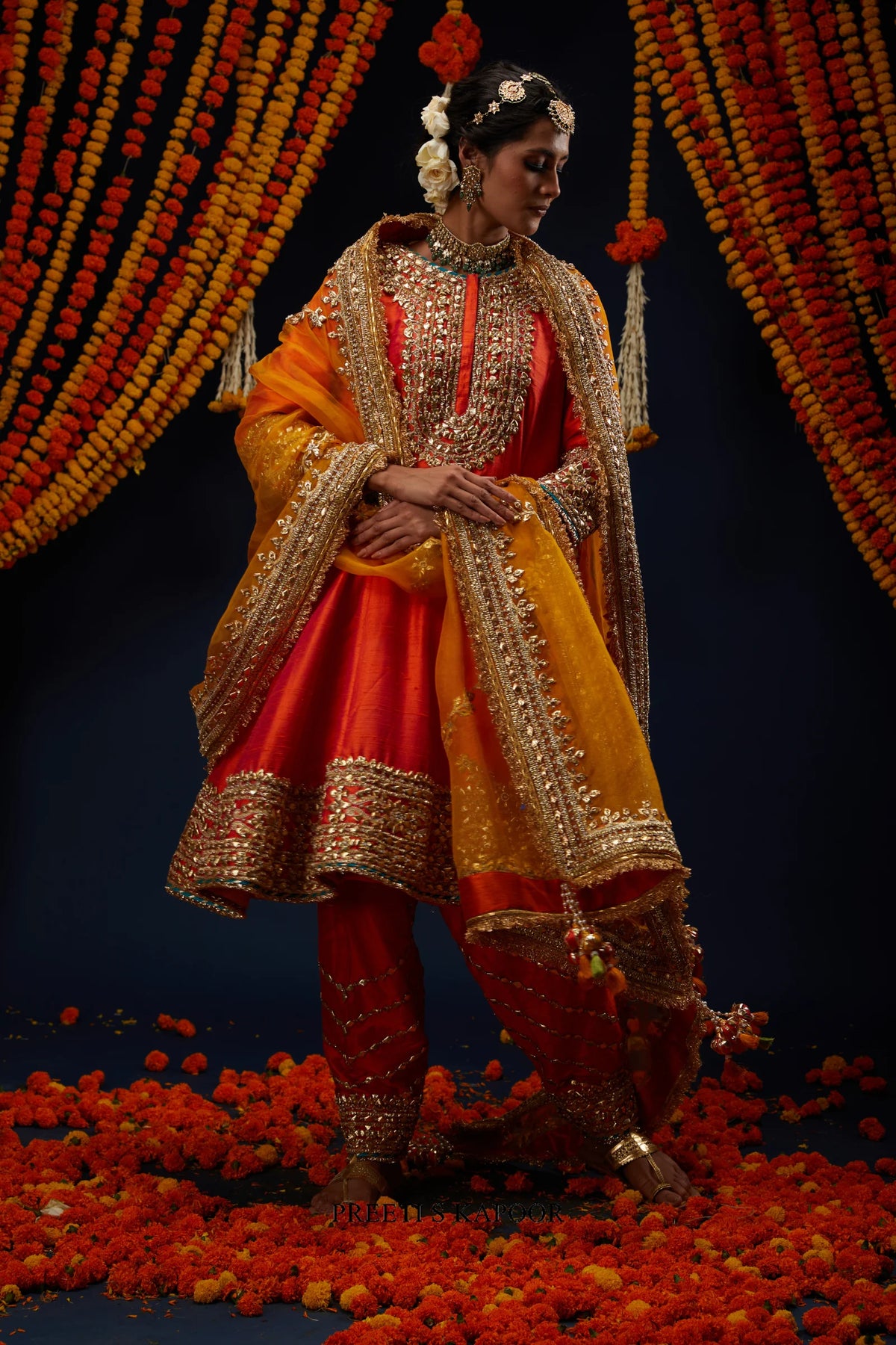 Rust Red raw silk Anarkali set styled with Mustard Yellow organza dupatta – Preeti S Kapoor