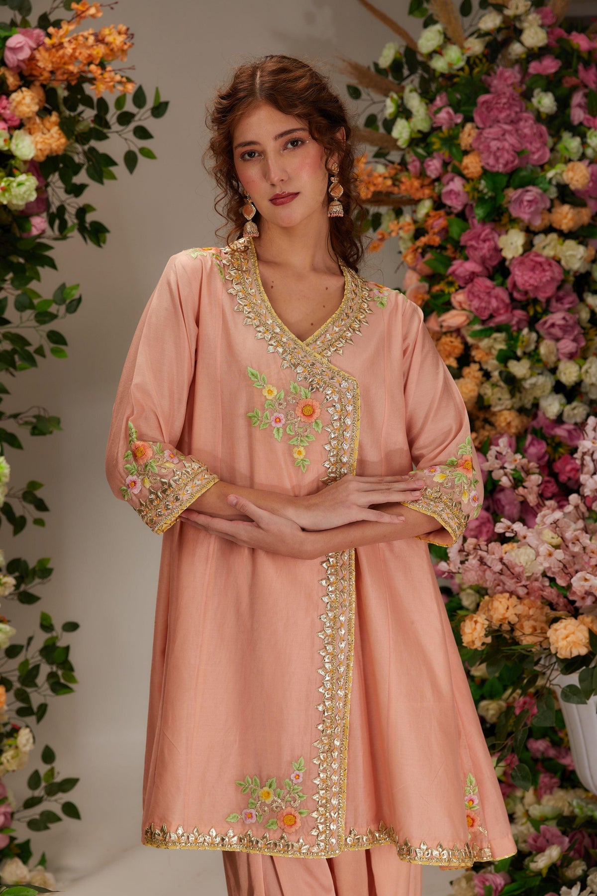 Peachy Pink Chanderi Long Angrakha set - Preeti s kapoor