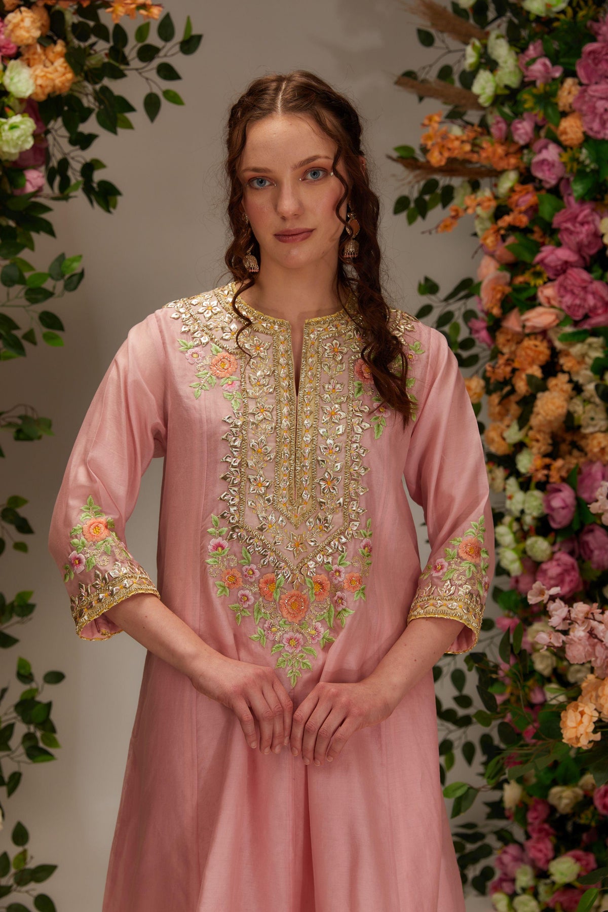 Pink Chanderi Short Anarkali set - Preeti s kapoor