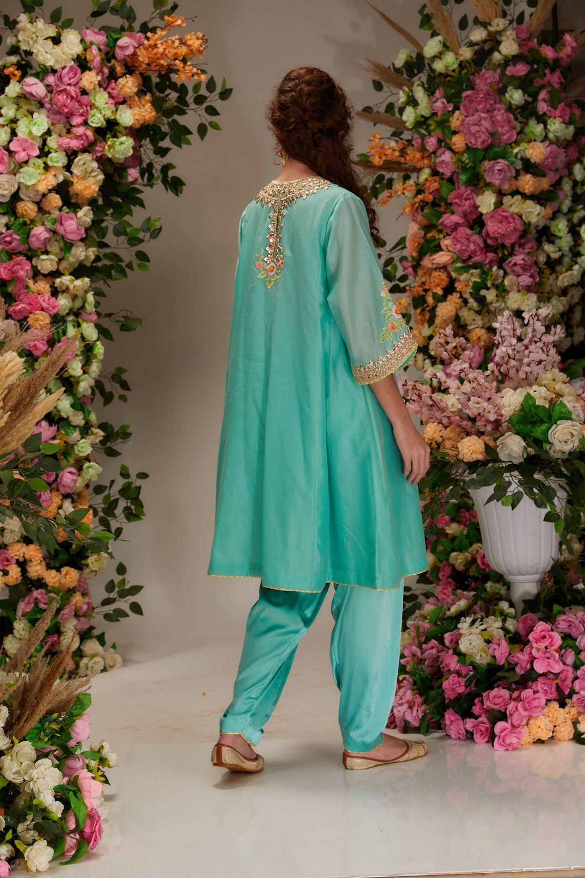 Turquoise Chanderi Short Kalidar Kurta set - Preeti s kapoor