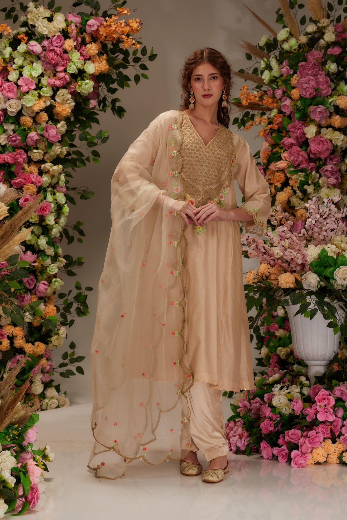 Beige Chanderi Long kalidar Kurta set - Preeti s kapoor