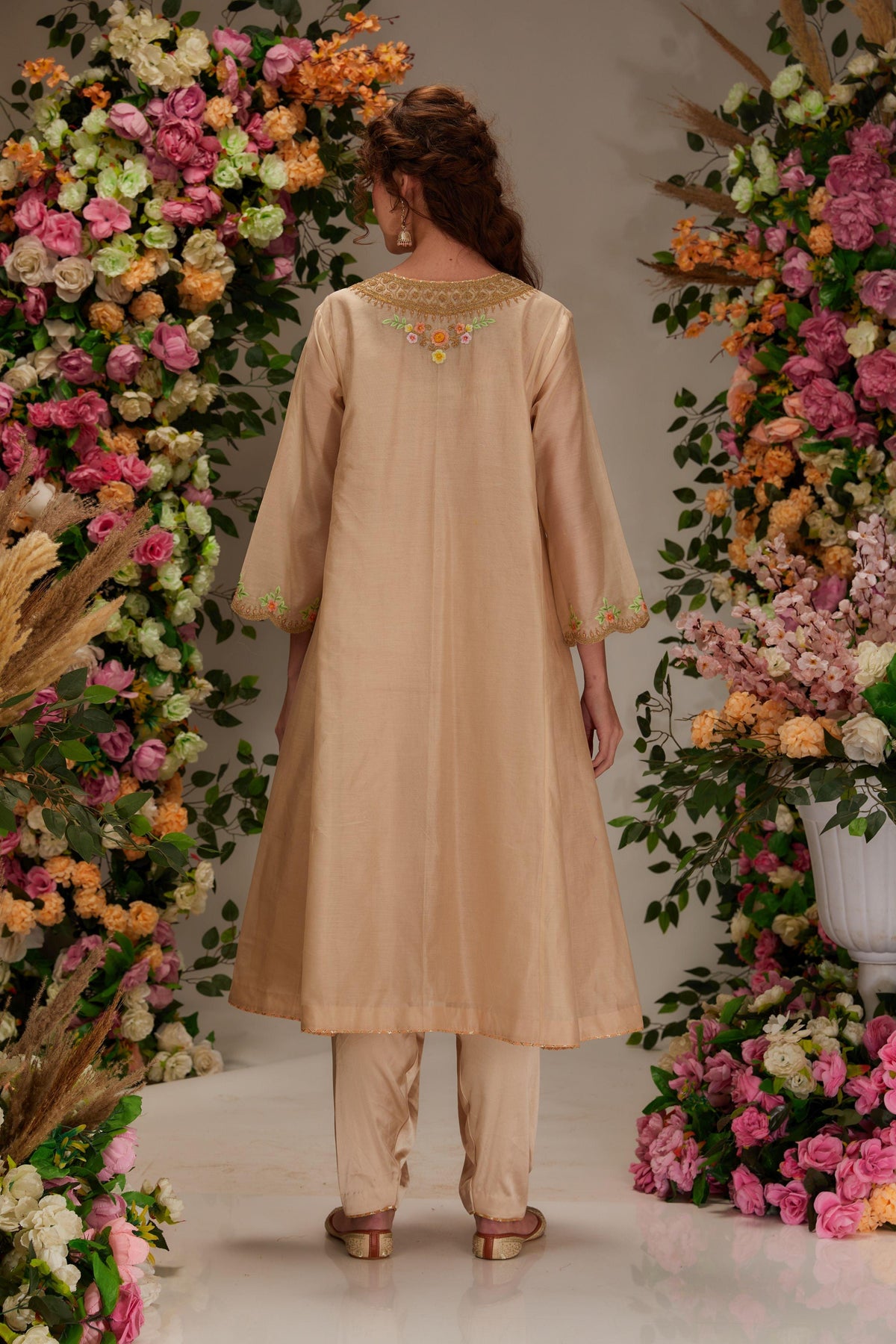 Beige Chanderi Long kalidar Kurta set - Preeti s kapoor