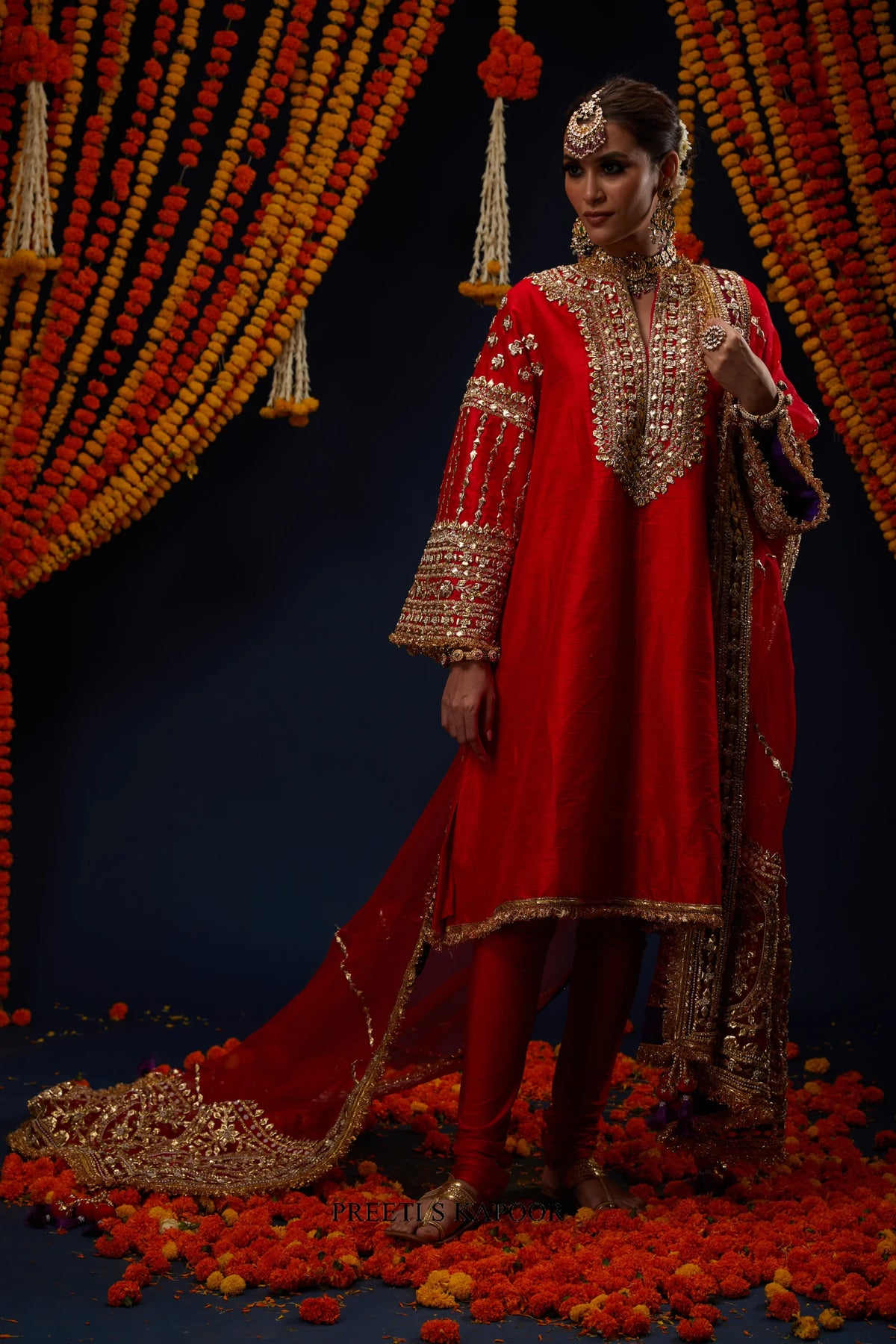 Red raw silk kurta set styled with embroidered organza dupatta – Preeti S Kapoor