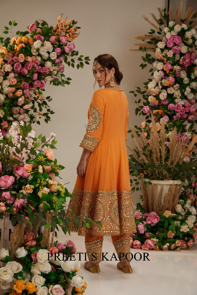 Peach Orange Long anarkali with matching salwar with organza dupatta - Preeti S Kapoor