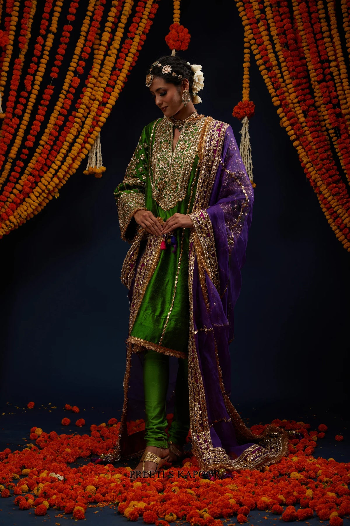 Green embroidered kurta churidar set with flared sleeves and purple organza dupatta – Preeti S Kapoor