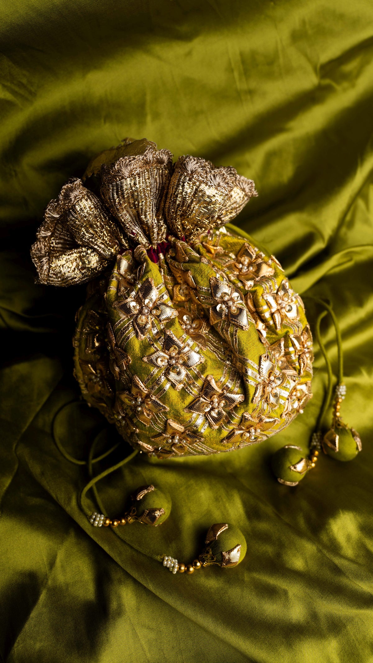 Green Blended Silk Traditional Gota Patti Embroidery Potlis