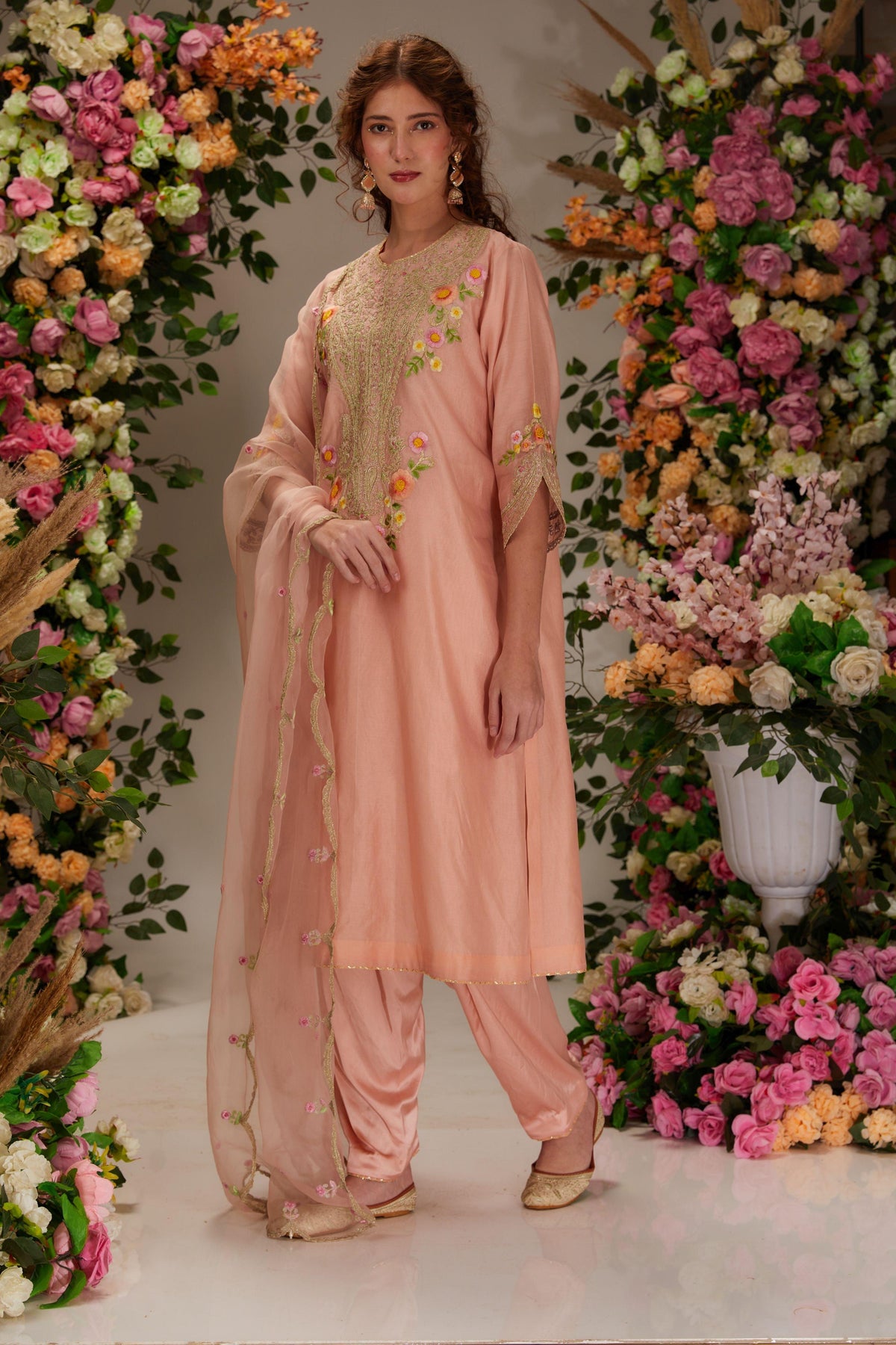 Peach Chanderi Long a-line Kurta set - Preeti s kapoor