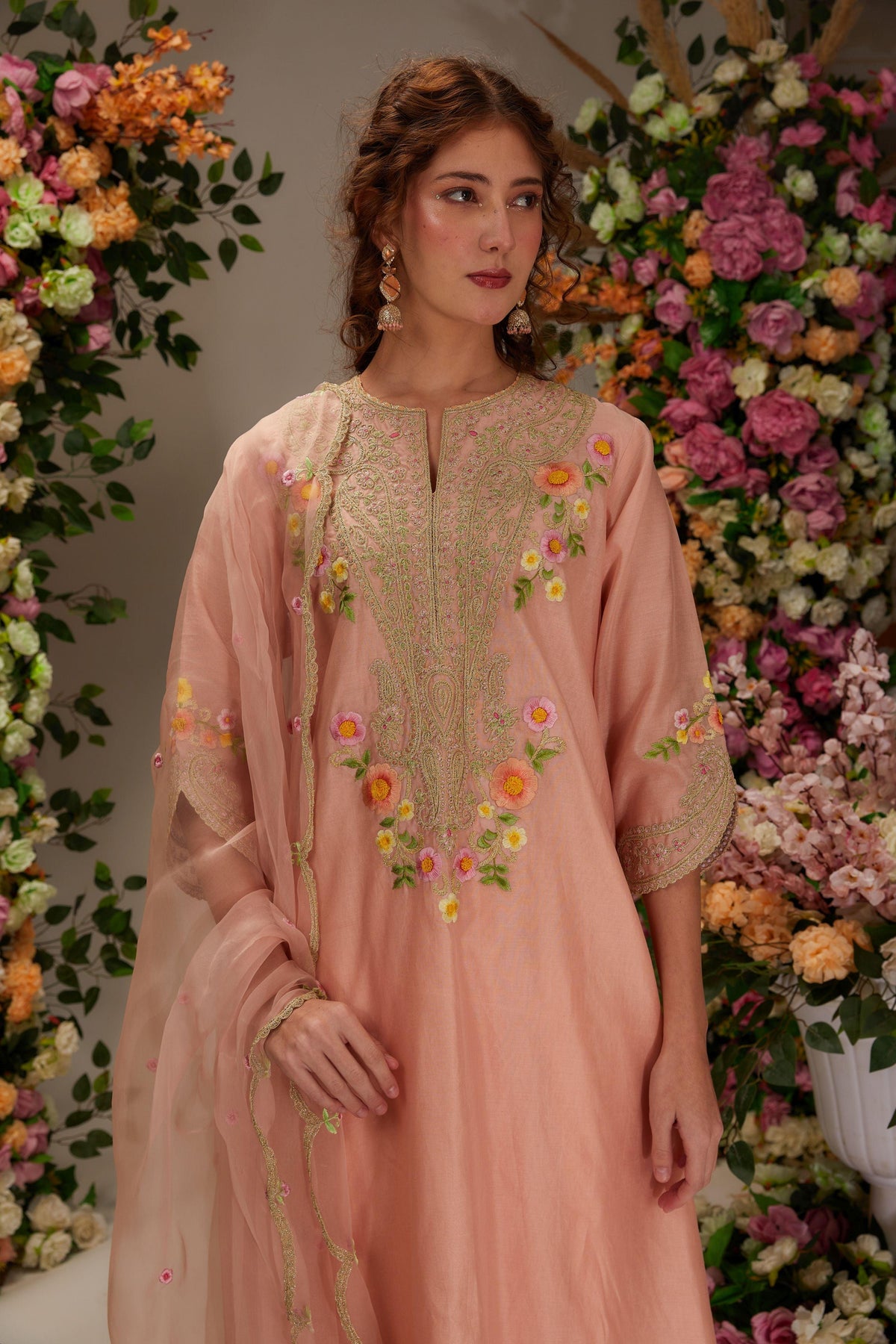 Peach Chanderi Long a-line Kurta set - Preeti s kapoor