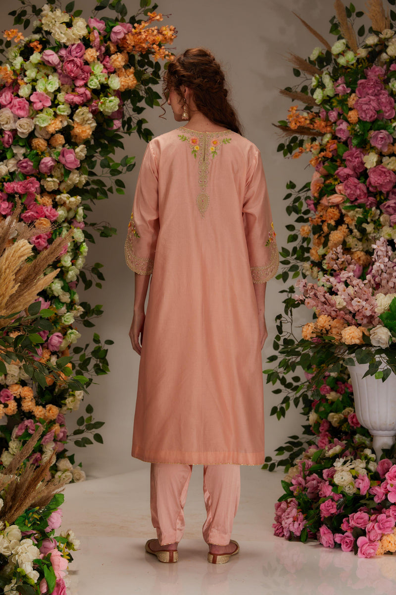 Peach Chanderi Long a-line Kurta set - Preeti s kapoor