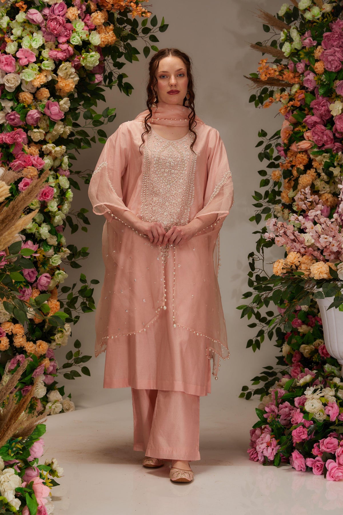 Peach Chanderi Long Kurta set - Preeti s kapoor