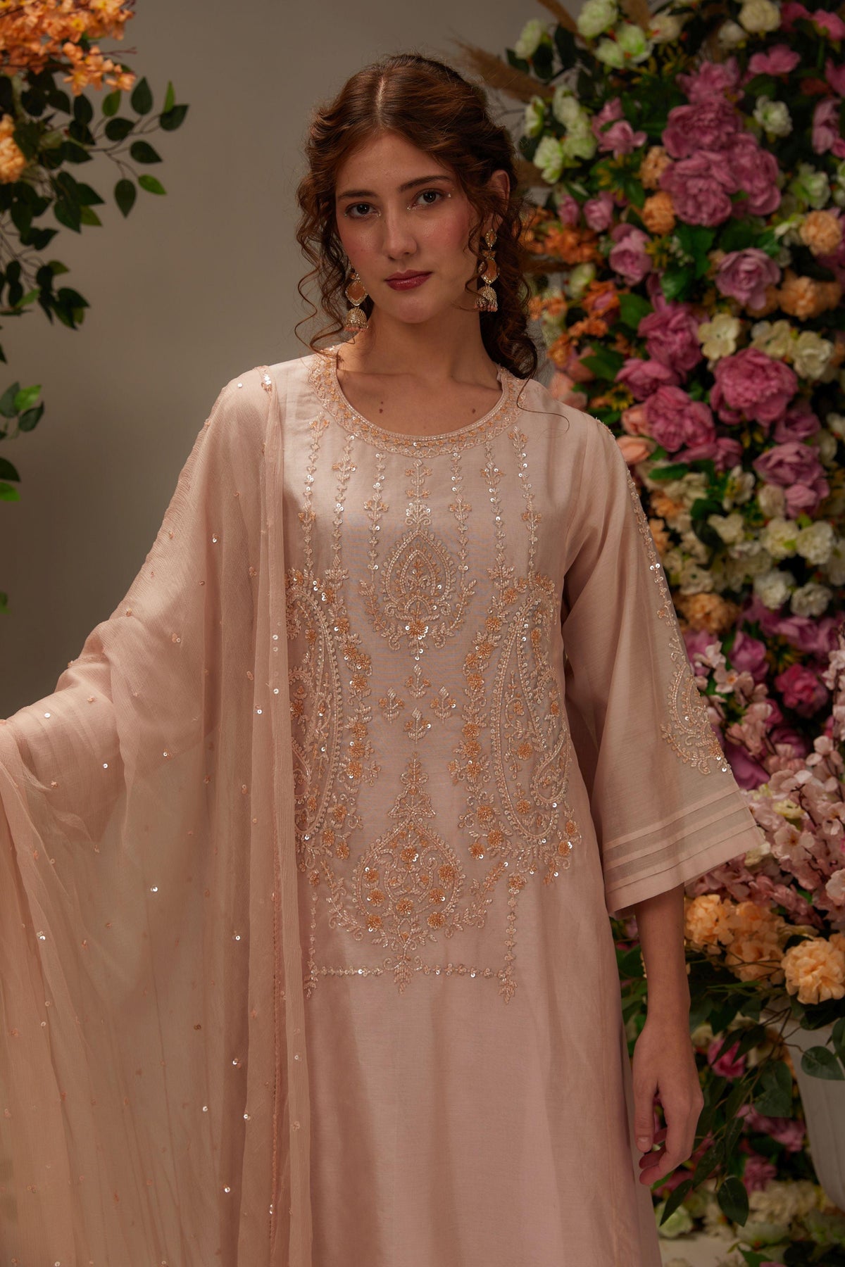 Peachy white Chanderi Long kalidar Kurta set - Preeti s kapoor