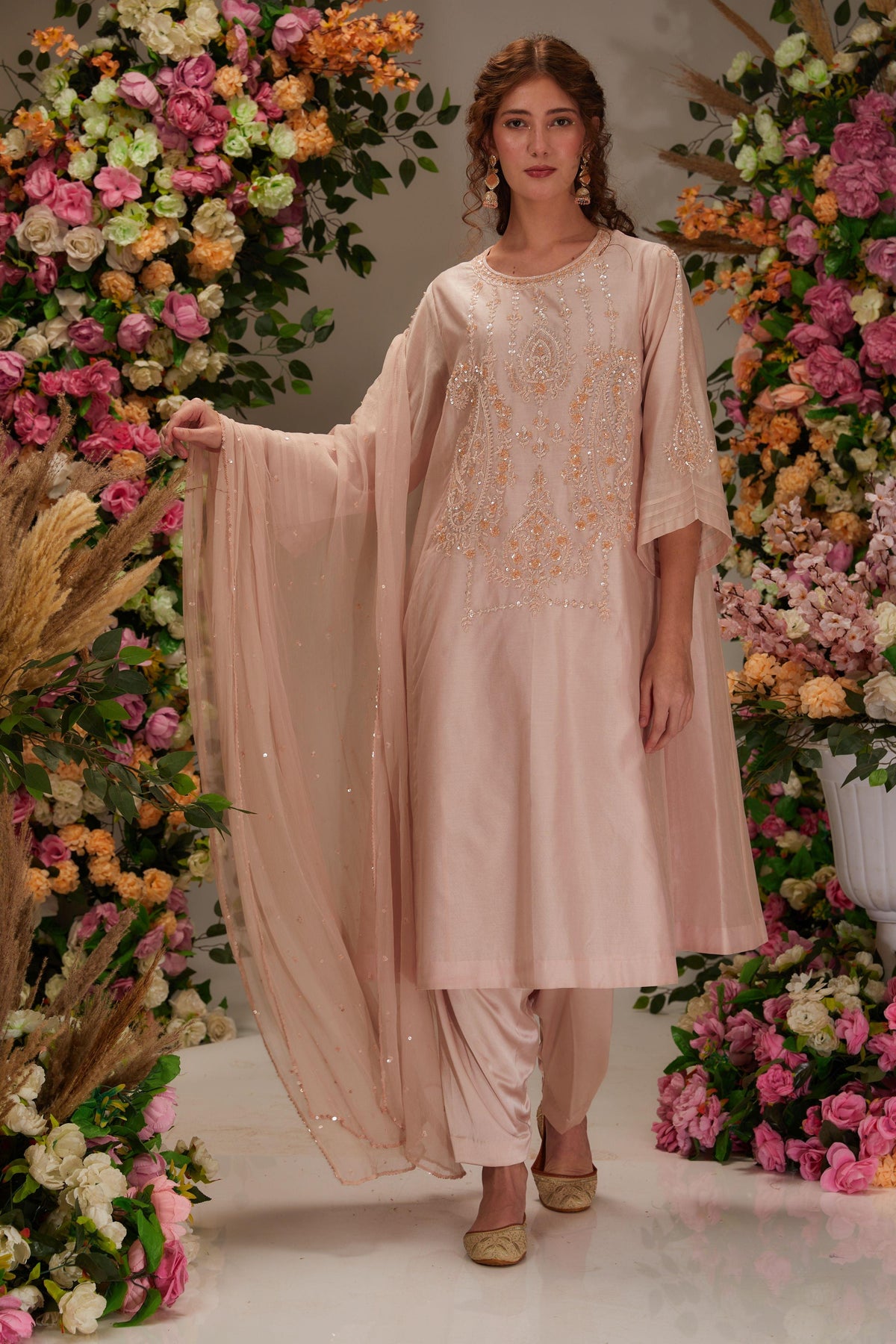 Peachy white Chanderi Long kalidar Kurta set - Preeti s kapoor