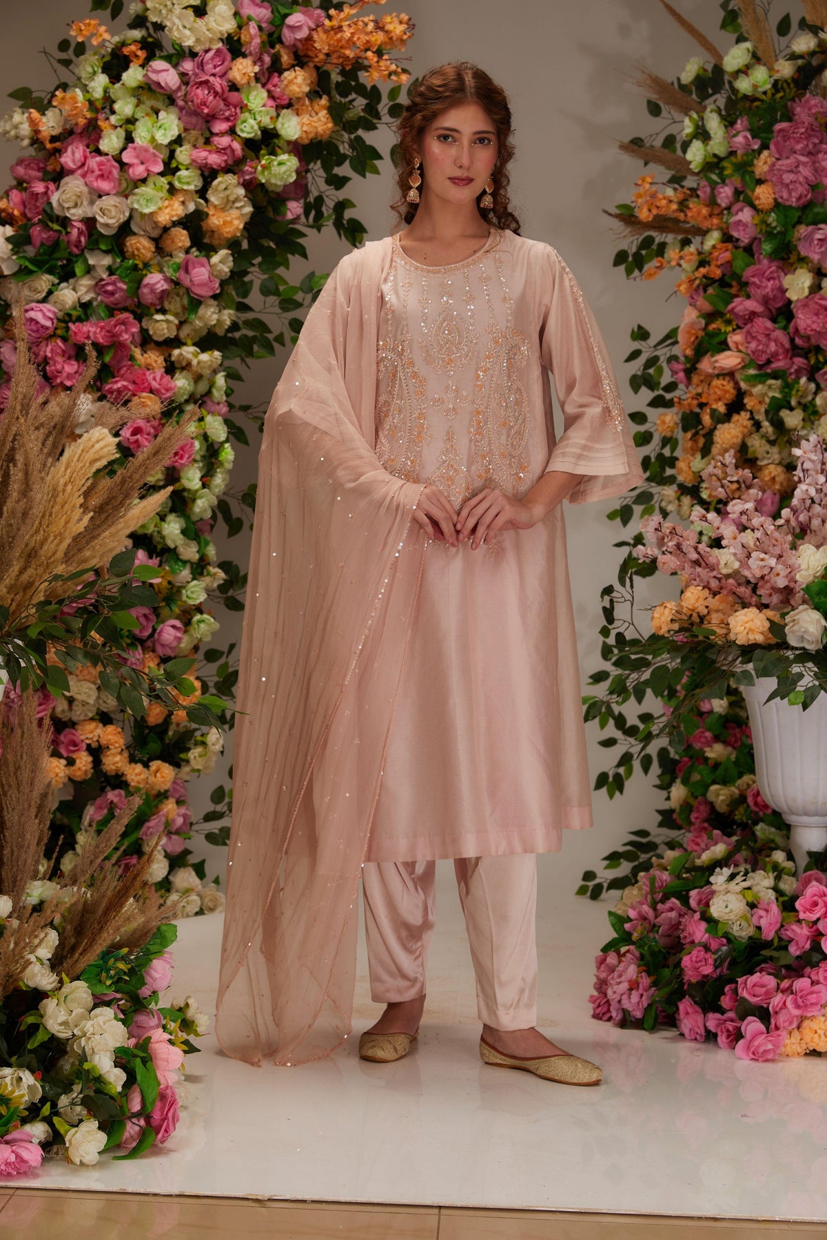 Peachy white Chanderi Long kalidar Kurta set - Preeti s kapoor