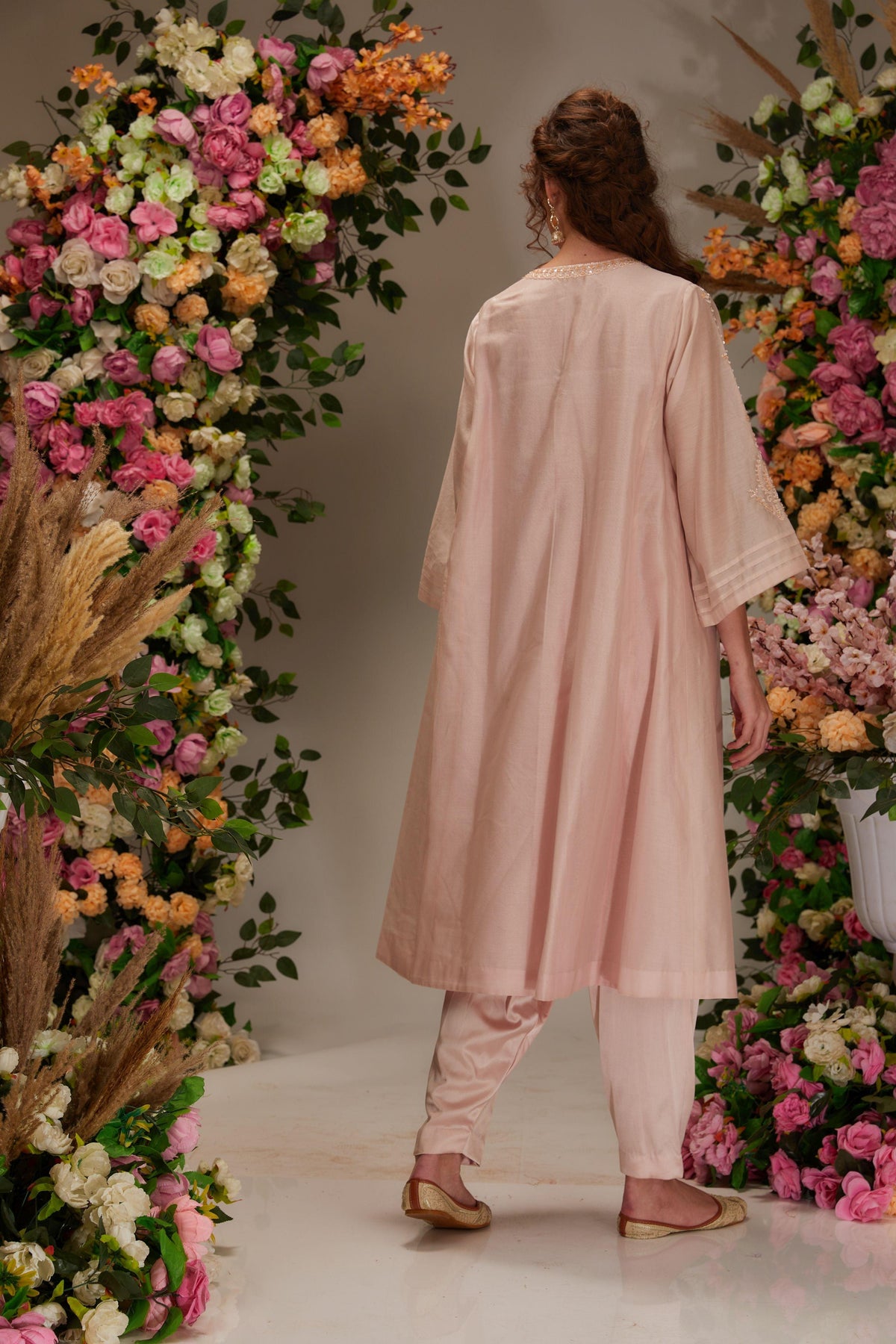 Peachy white Chanderi Long kalidar Kurta set - Preeti s kapoor
