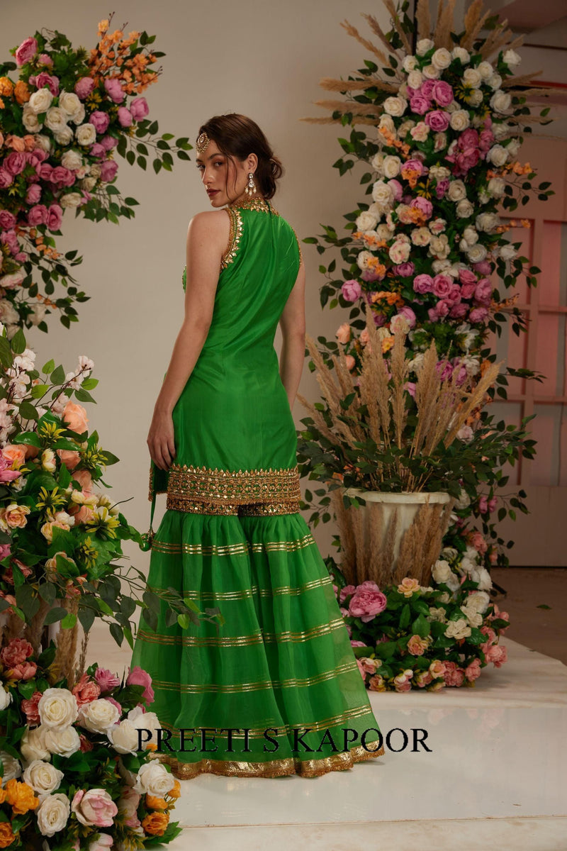 Green Gharara Set: Silk Kurta, Lacchi Work Garara & Organza Dupatta - Preeti S Kapoor