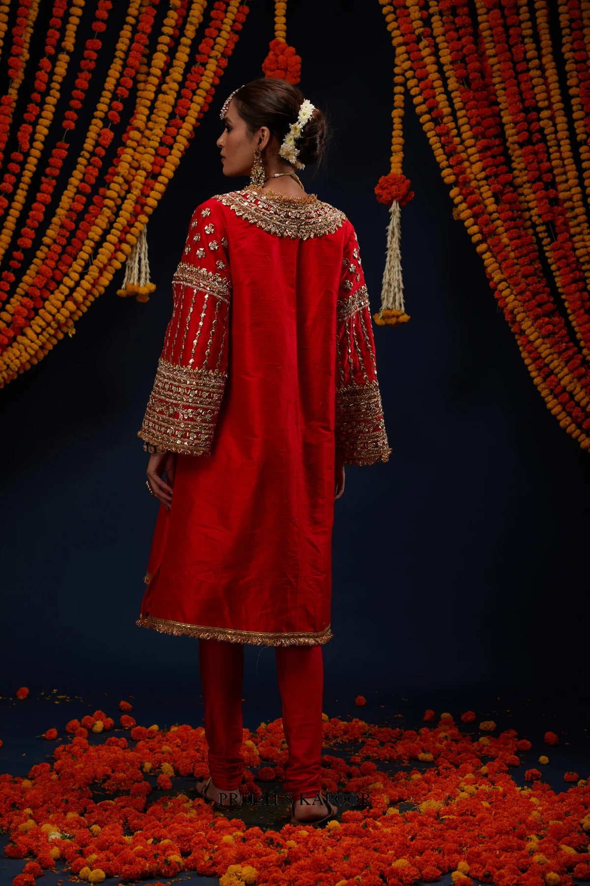 Red embroidered kurta back and sleeve detail view – Preeti S Kapoor
