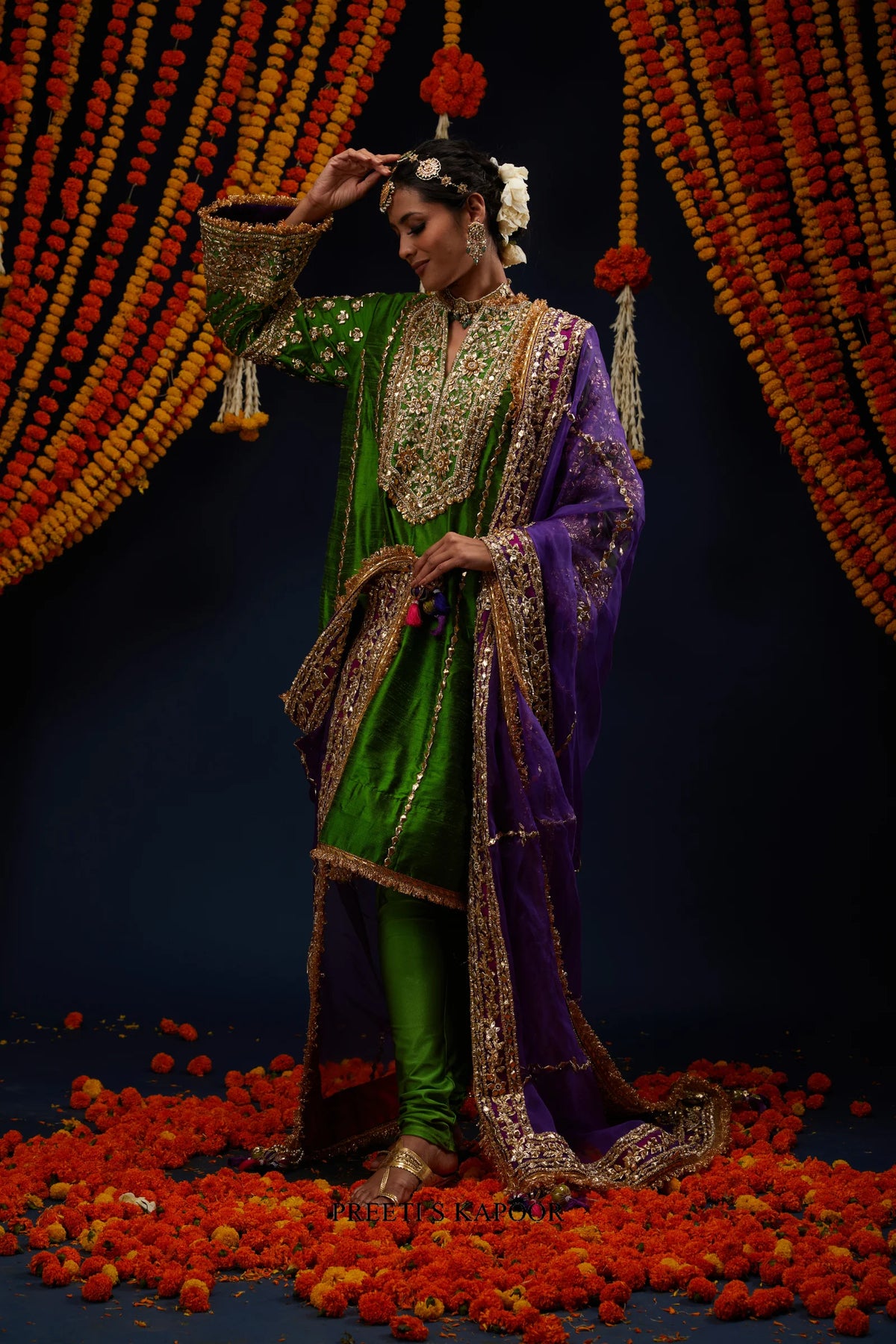 Green raw silk kurta with dense gold embroidery and purple dupatta – Preeti S Kapoor