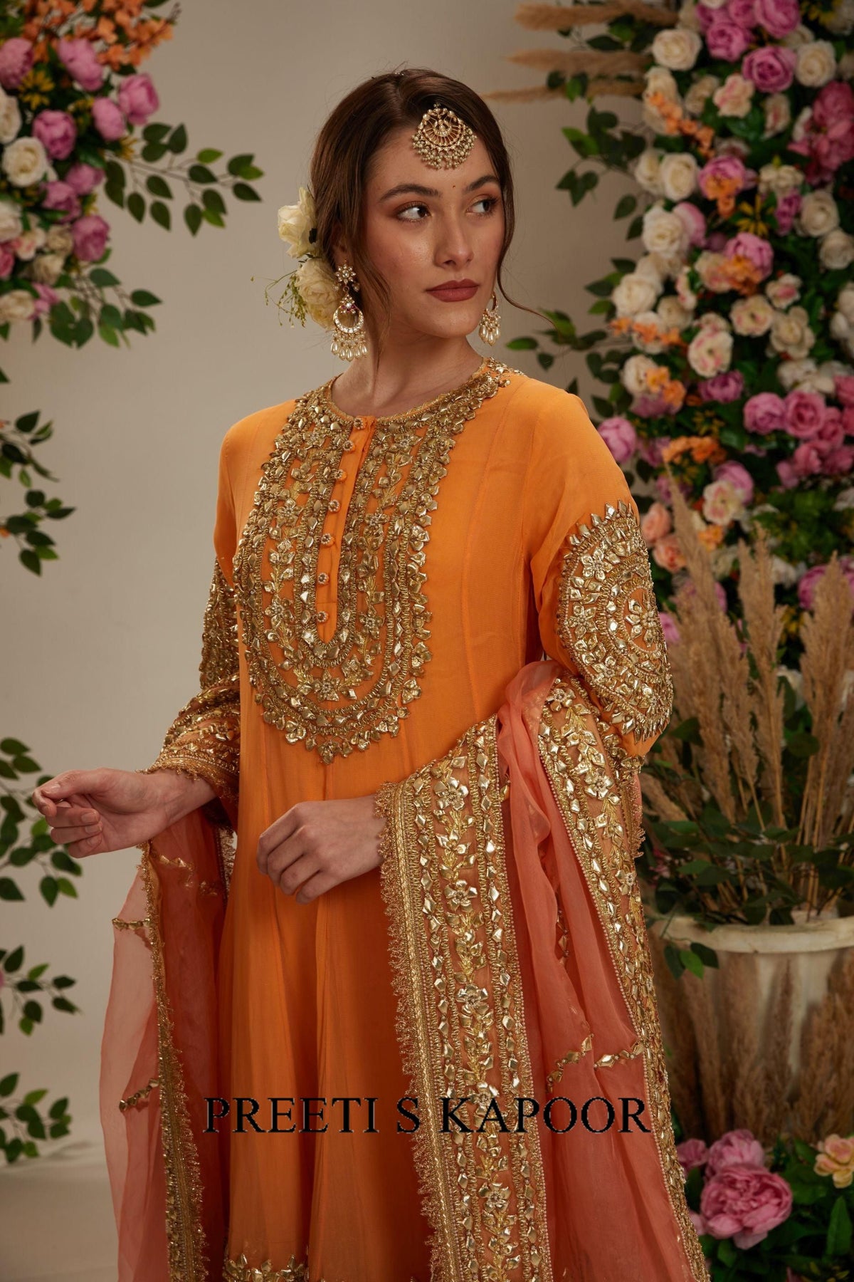 Peach Orange Long anarkali with matching salwar with organza dupatta - Preeti S Kapoor