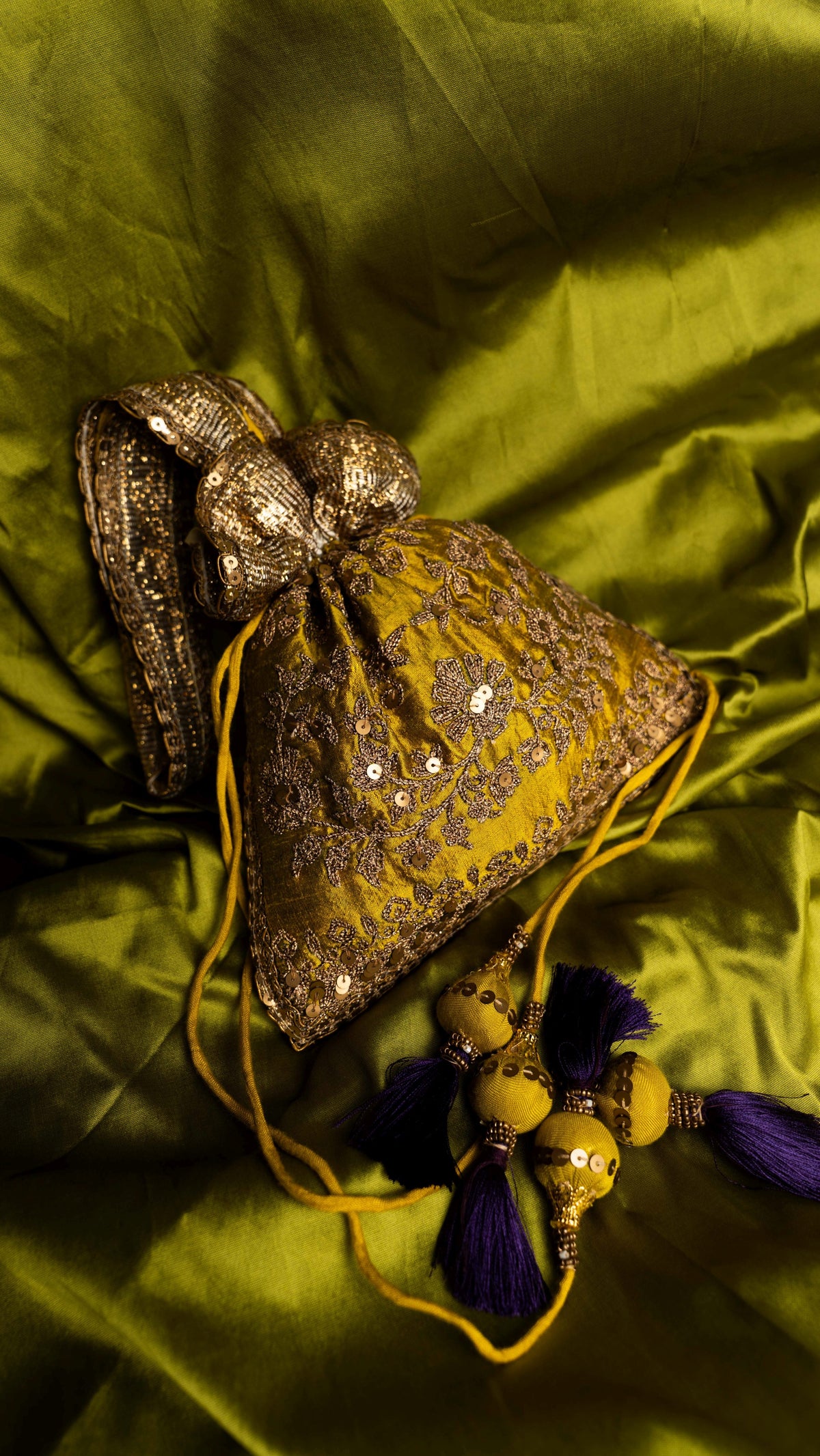 Green Blended Silk Traditional Gota Patti Embroidery Potlis