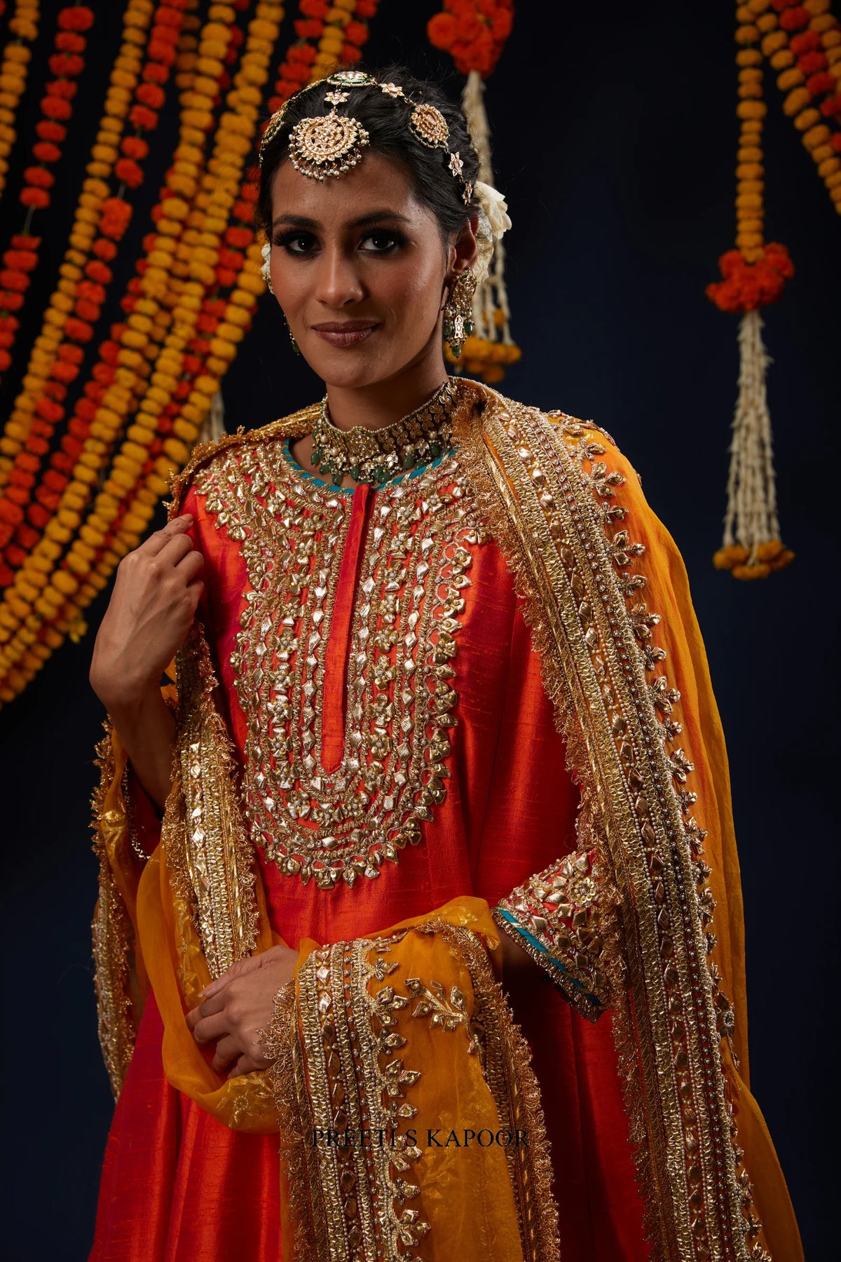 Close-up of Rust Red Anarkali gold embroidered round neckline – Preeti S Kapoor