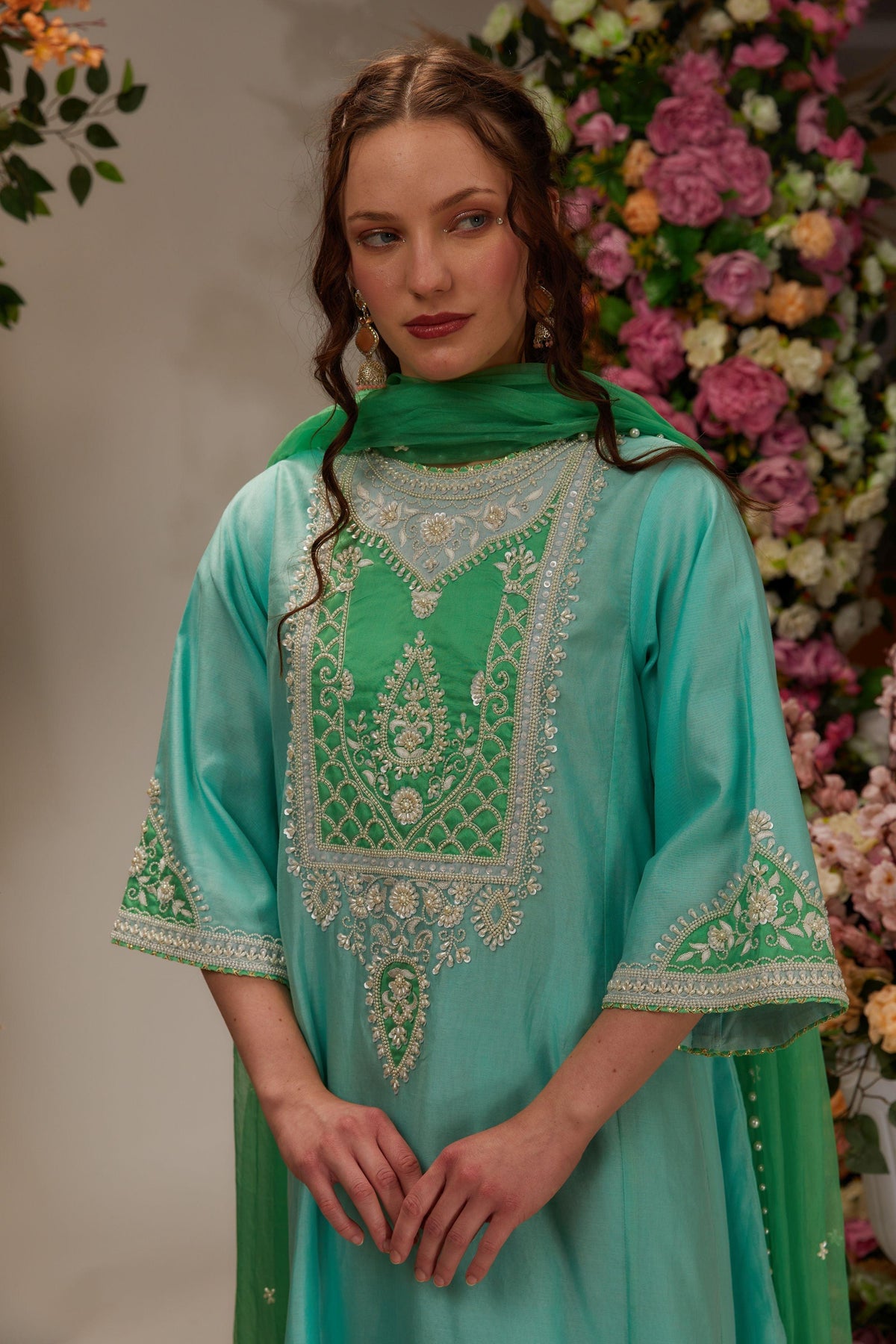 Aqua Chanderi Long Kalidar Kurta set - Preeti s kapoor