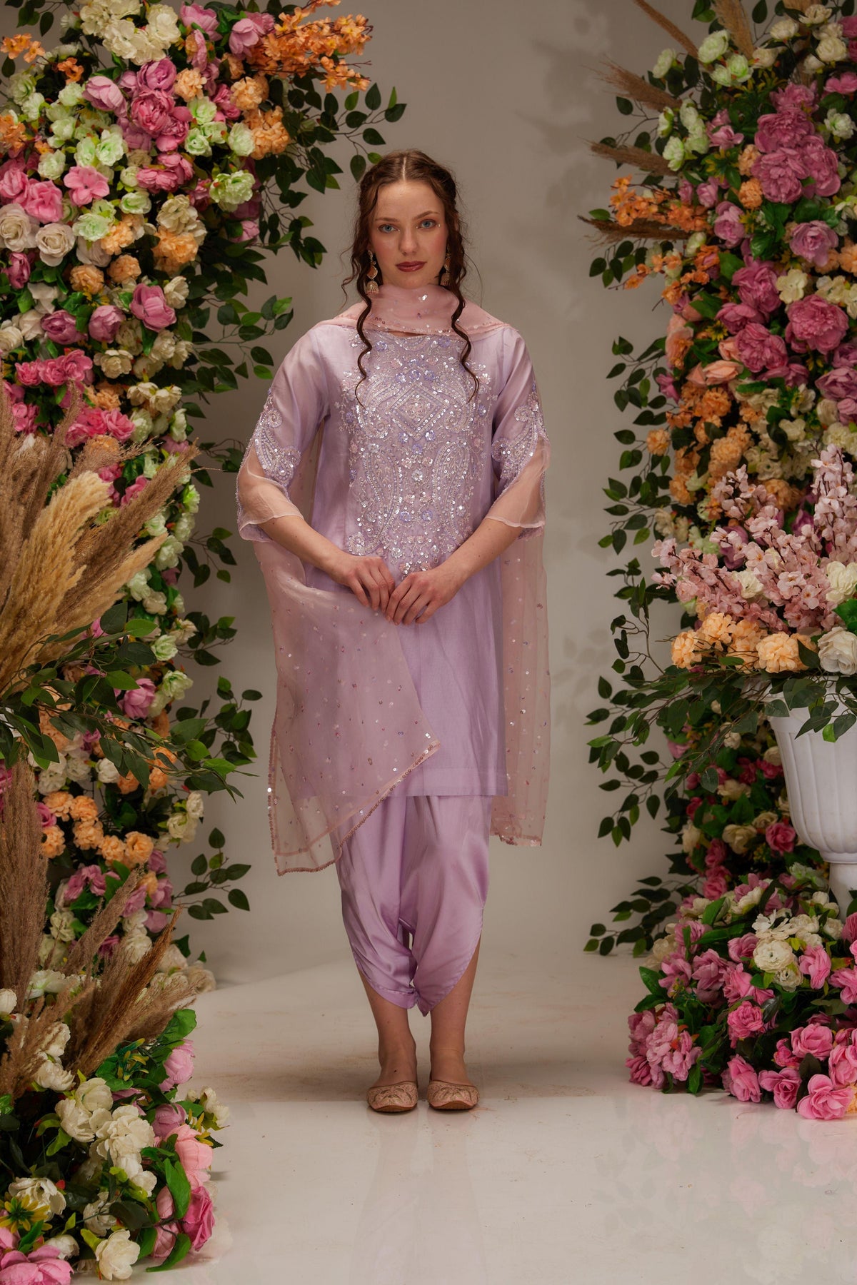 Mauve Chanderi Short A-line Kurta set - Preeti s kapoor
