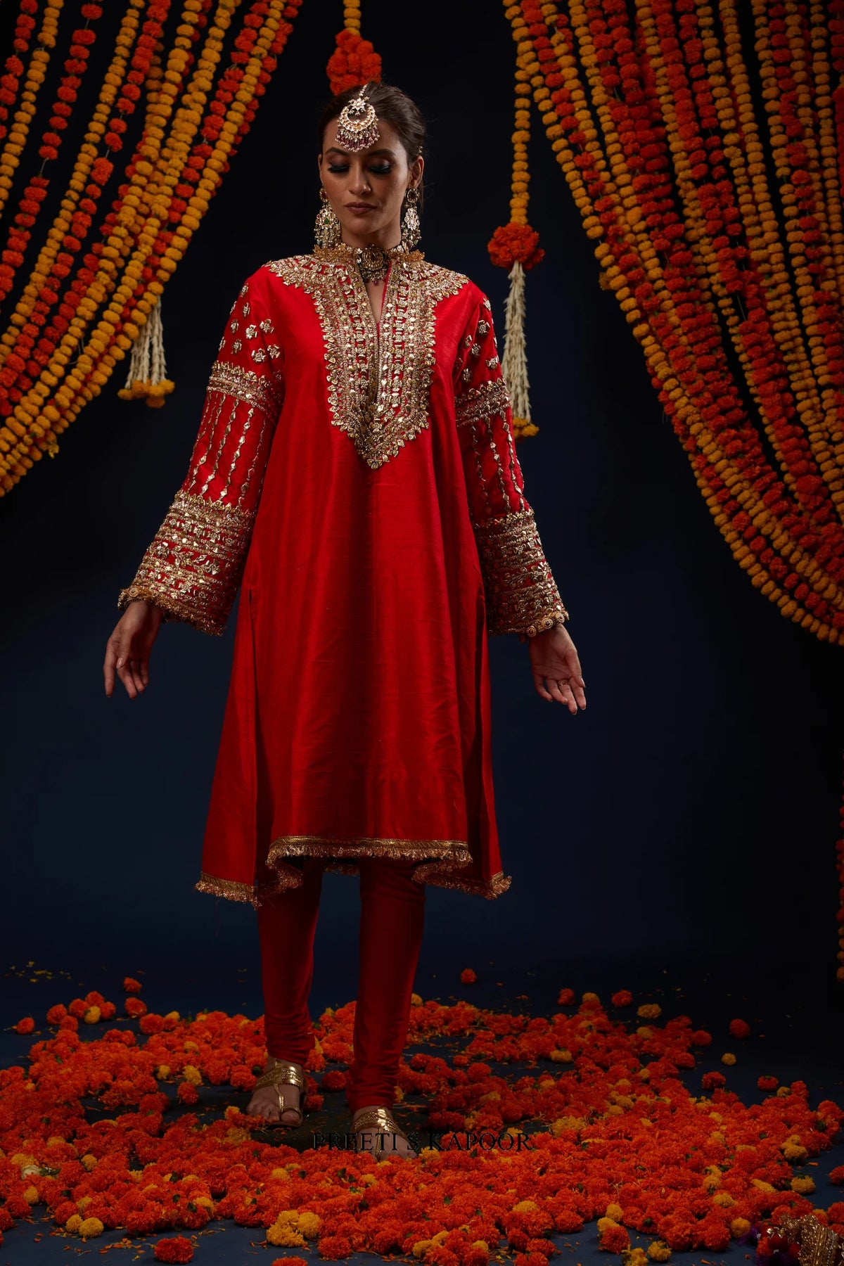 Woman standing in Red gold embroidered kurta churidar set – Preeti S Kapoor
