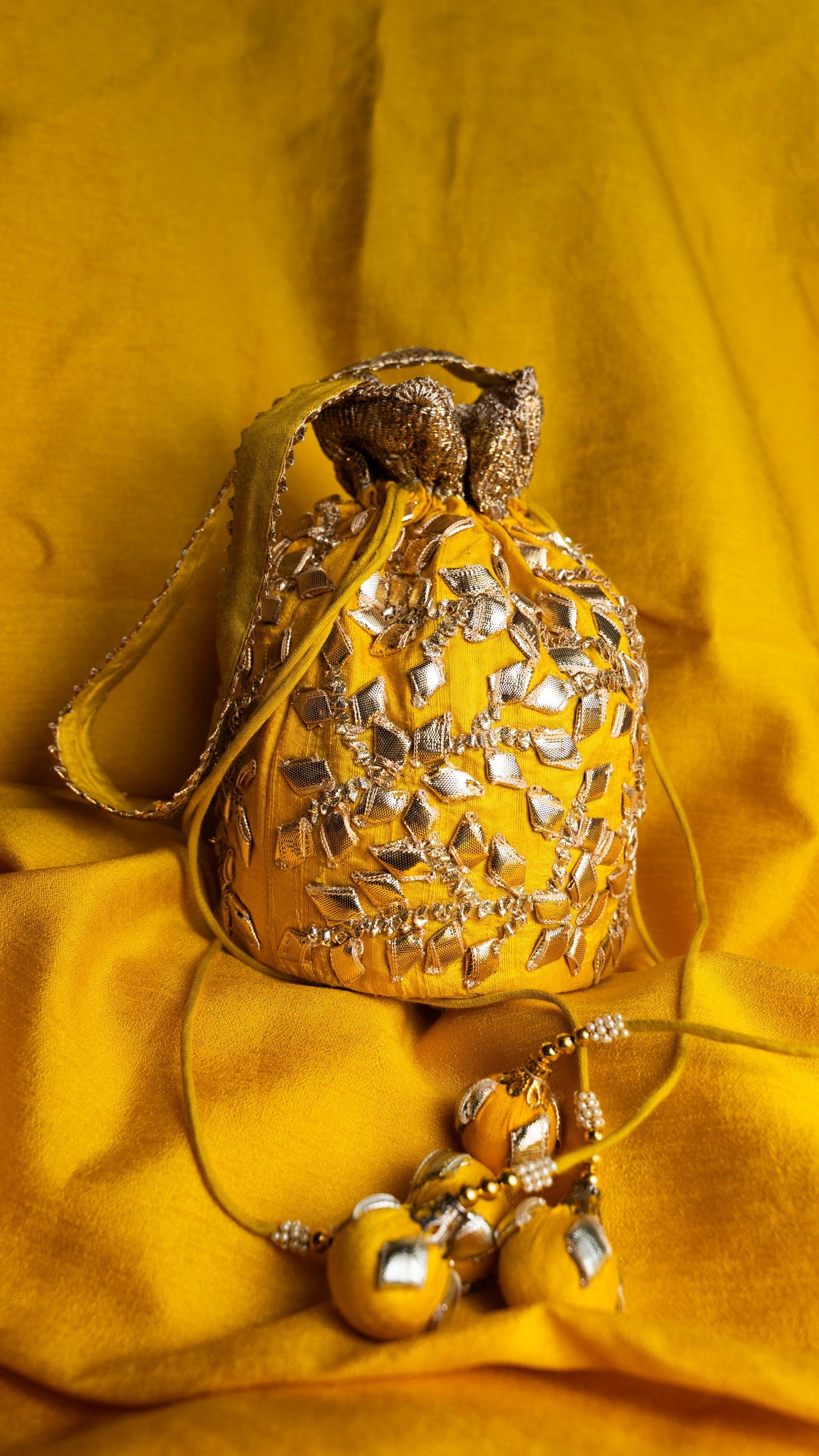 Yellow Blended Silk Traditional Gota Patti Embroidery Potlis