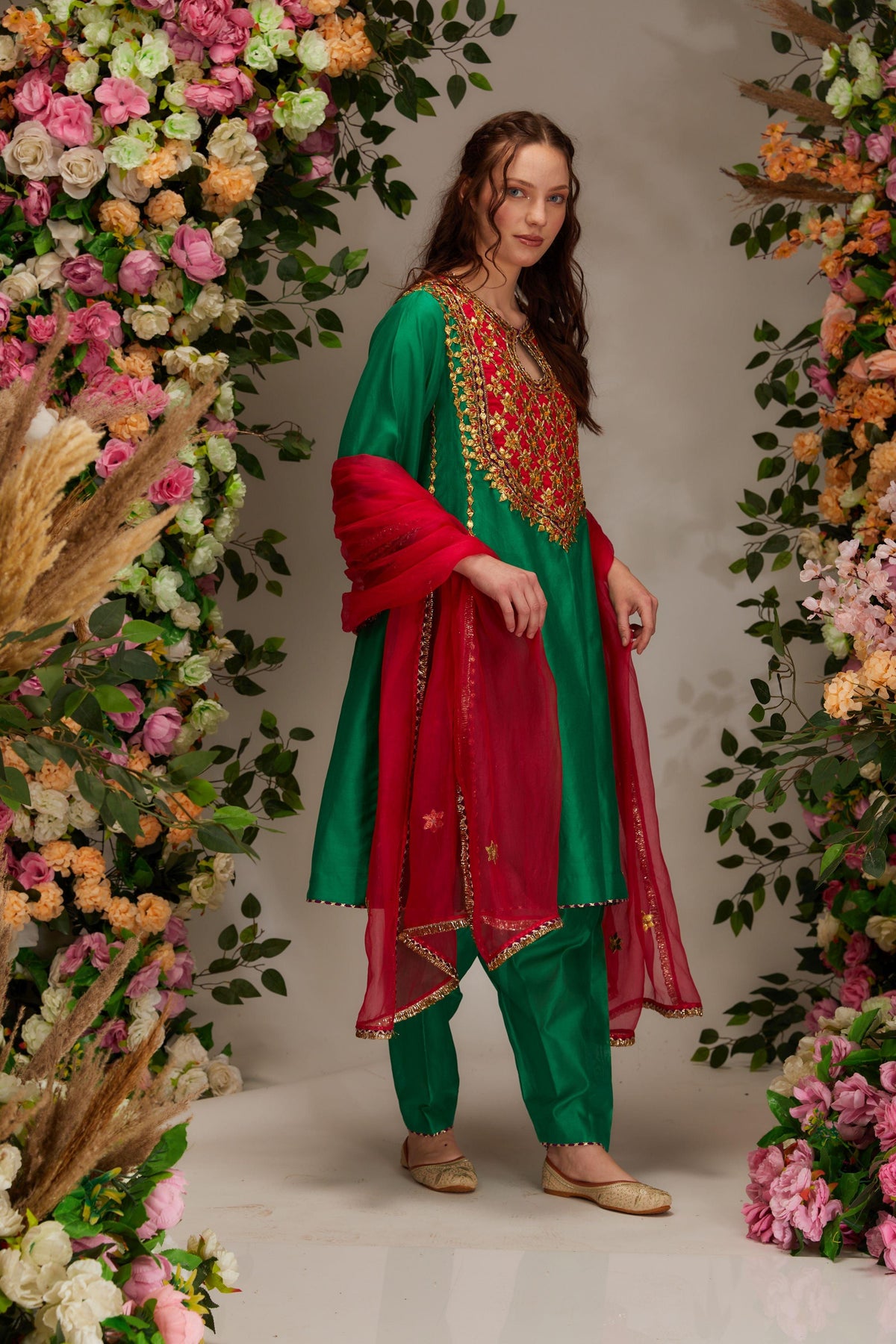 Green Chanderi Short Kalidar Kurta set - Preeti s kapoor