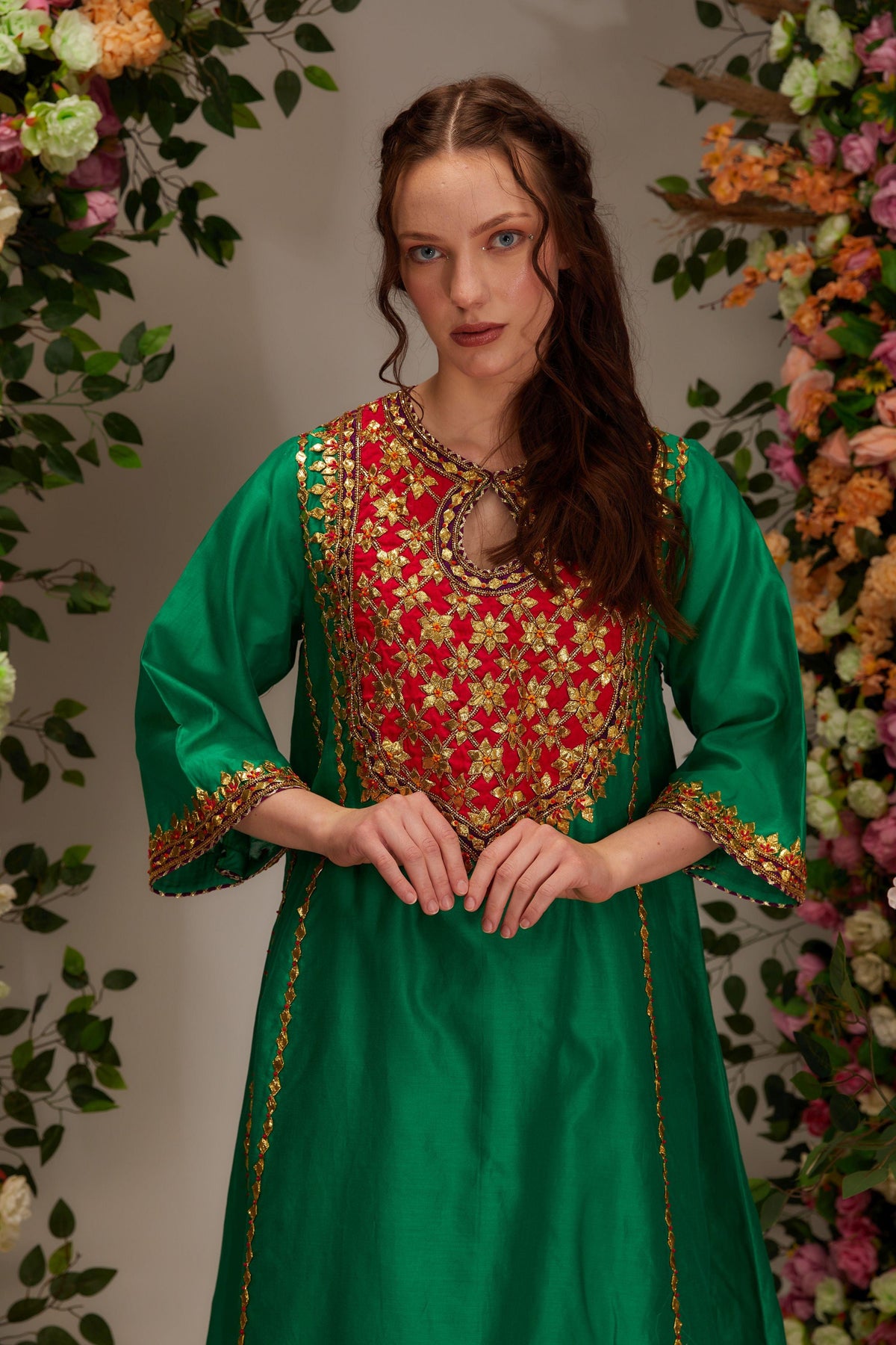 Green Chanderi Short Kalidar Kurta set - Preeti s kapoor