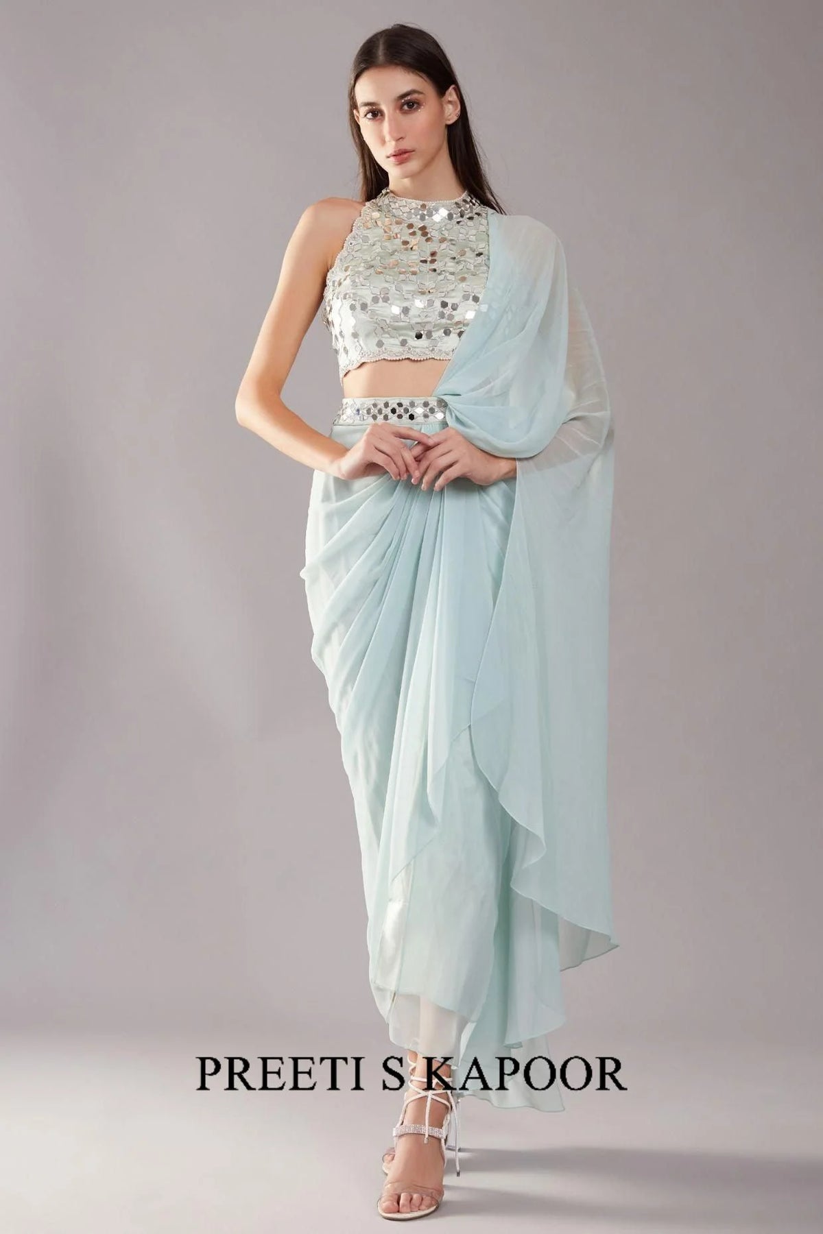 Mint Green Mirror Drape Saree - Preeti S Kapoor