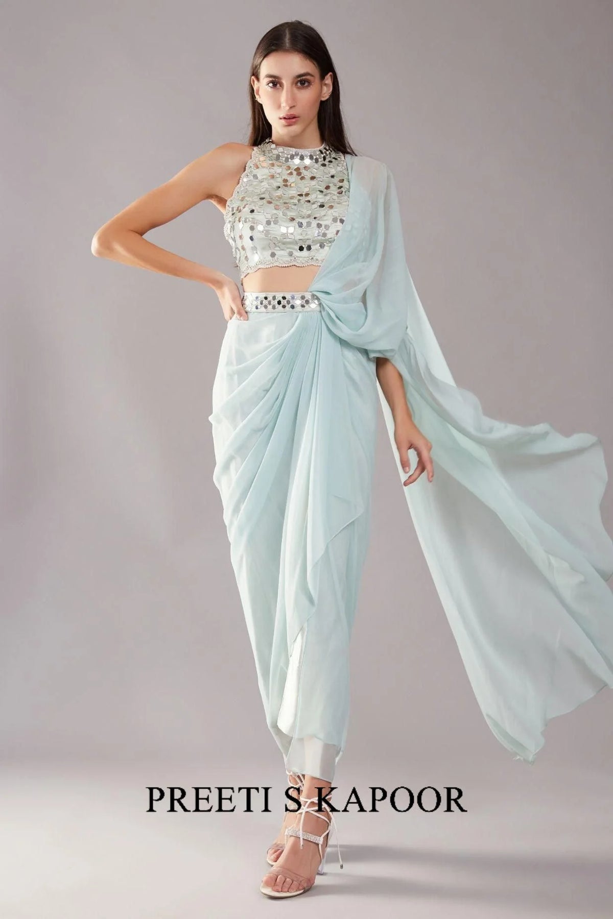 Mint Green Mirror Drape Saree - Preeti S Kapoor