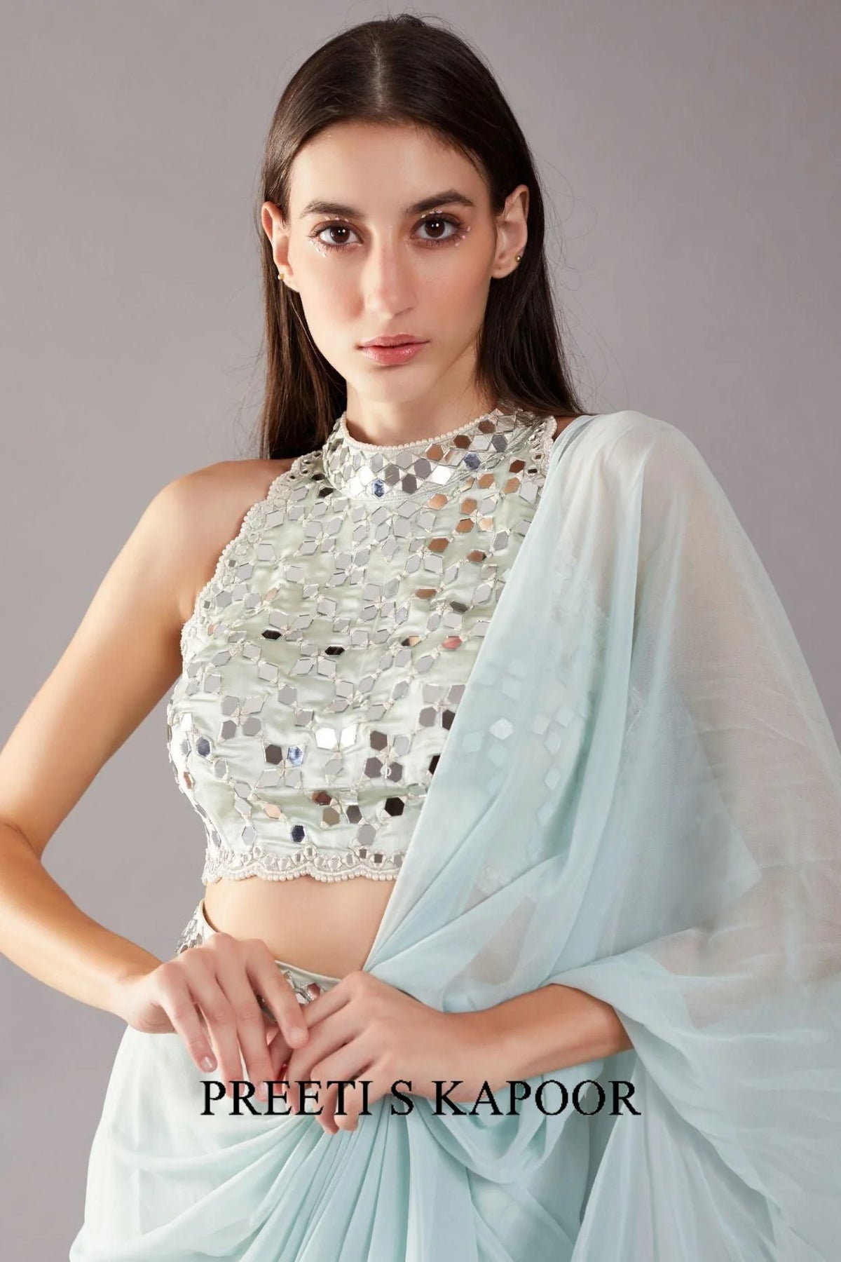 Mint Green Mirror Drape Saree - Preeti S Kapoor