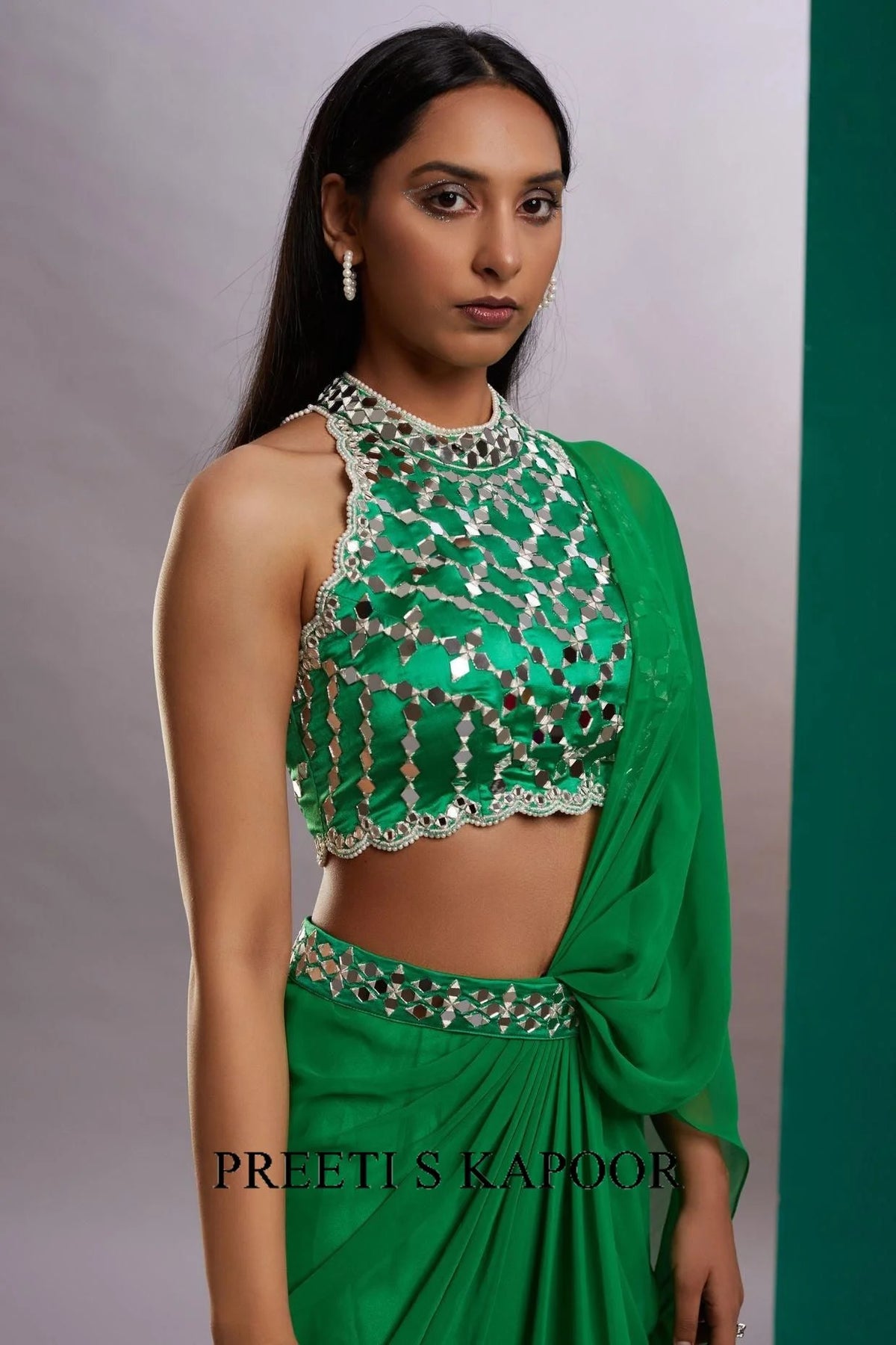 Green Mirror Drape Saree - Preeti S Kapoor