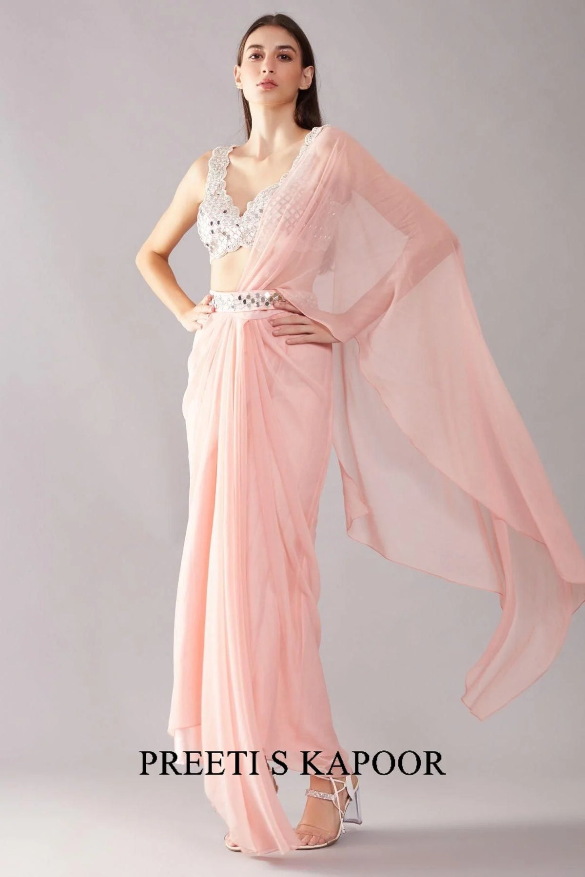 Blush Pink Mirror Drape Saree - Preeti S Kapoor