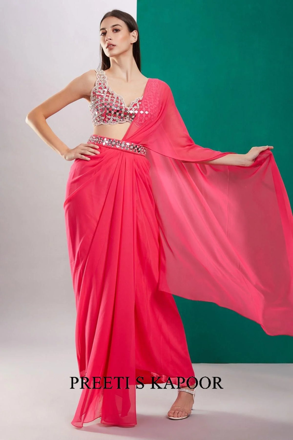 Pink Mirror Drape Saree - Preeti S Kapoor
