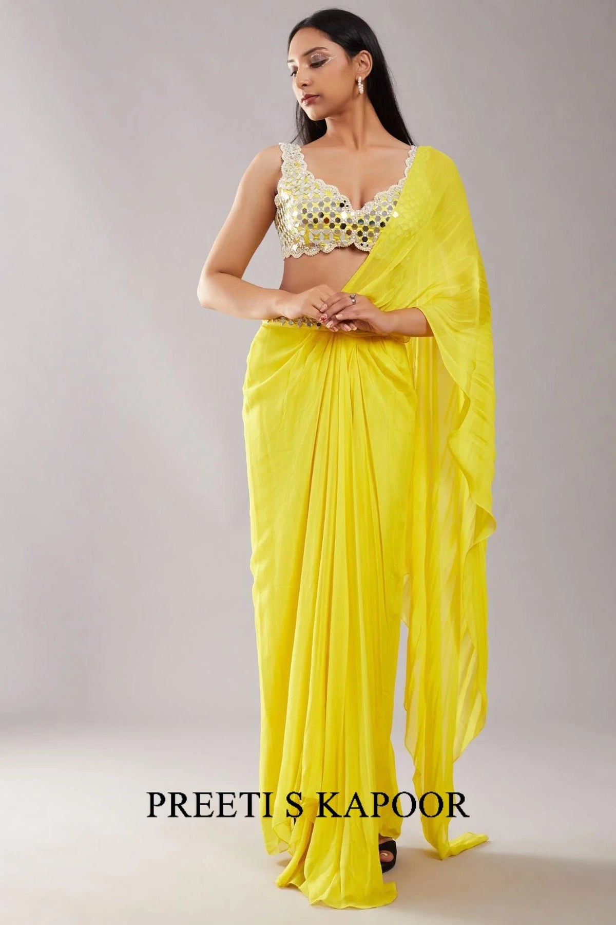 Yellow Mirror Drape Saree - Preeti S Kapoor
