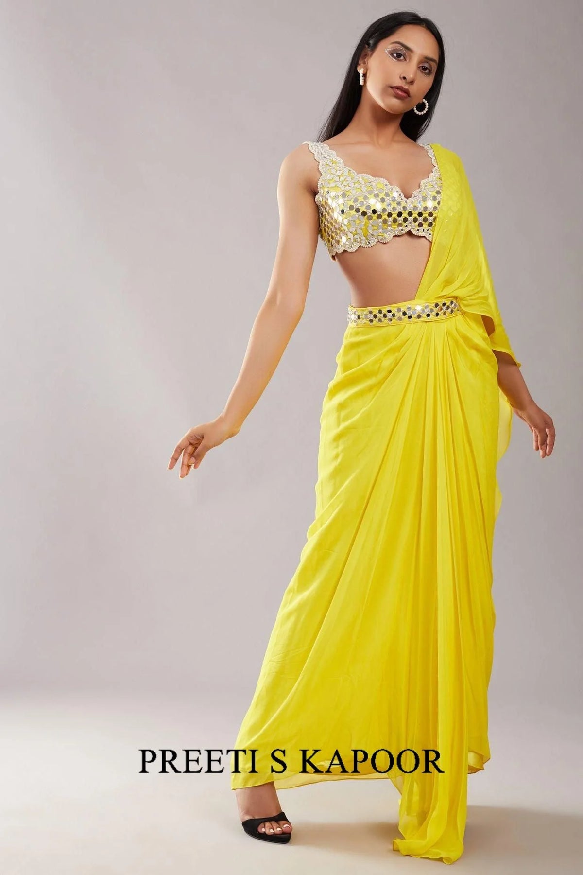 Yellow Mirror Drape Saree - Preeti S Kapoor