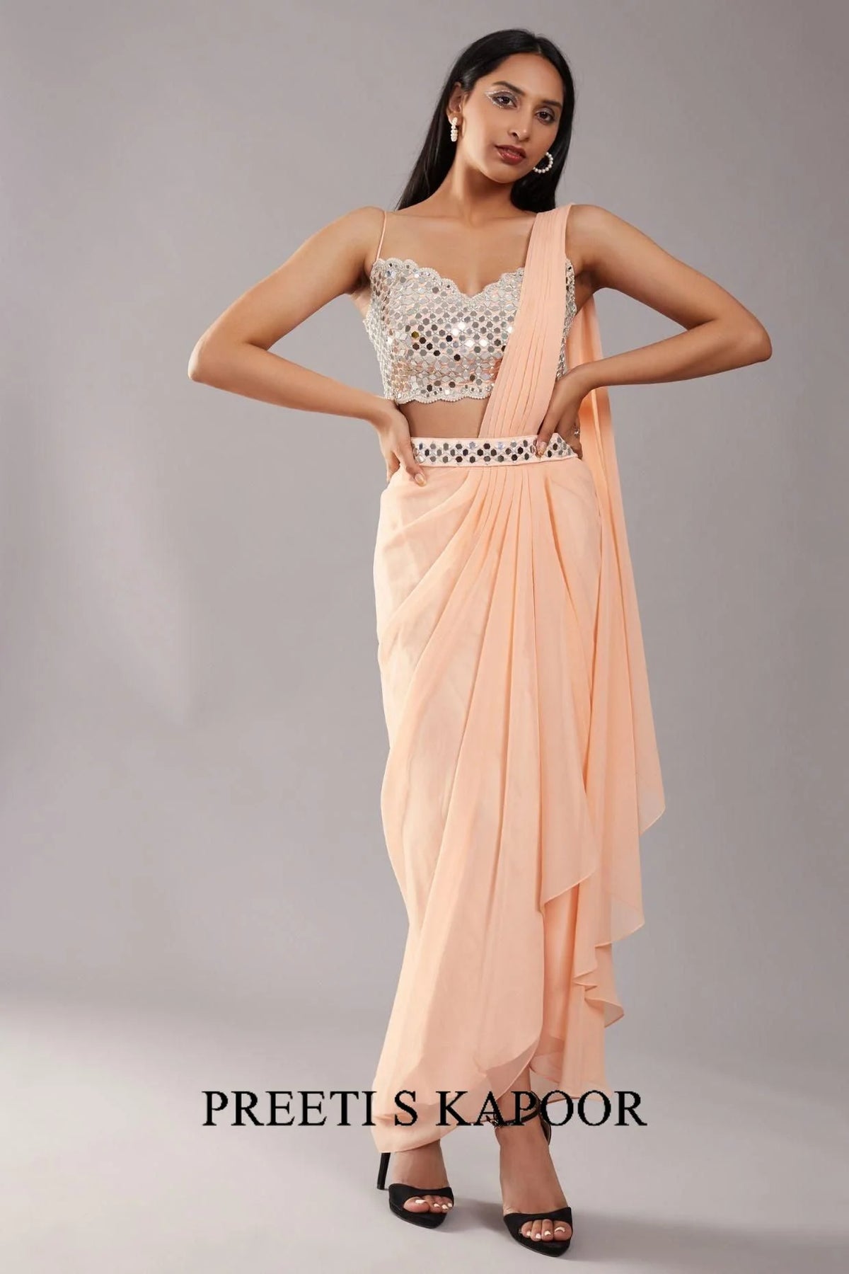 Peach Mirror Drape Saree - Preeti S Kapoor
