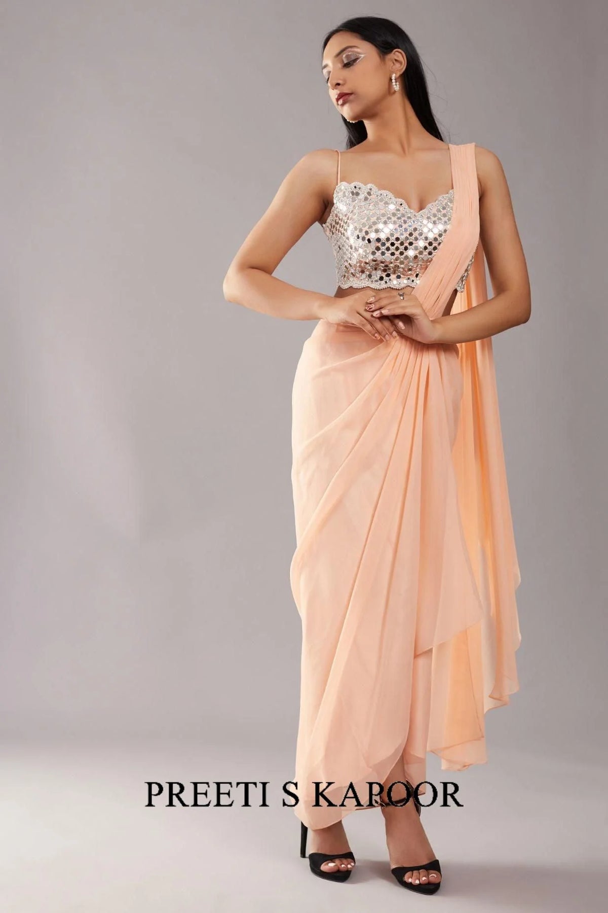 Peach Mirror Drape Saree - Preeti S Kapoor