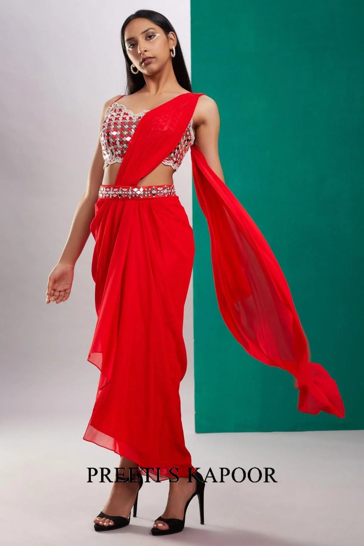 Red Mirror Drape Saree - Preeti S Kapoor