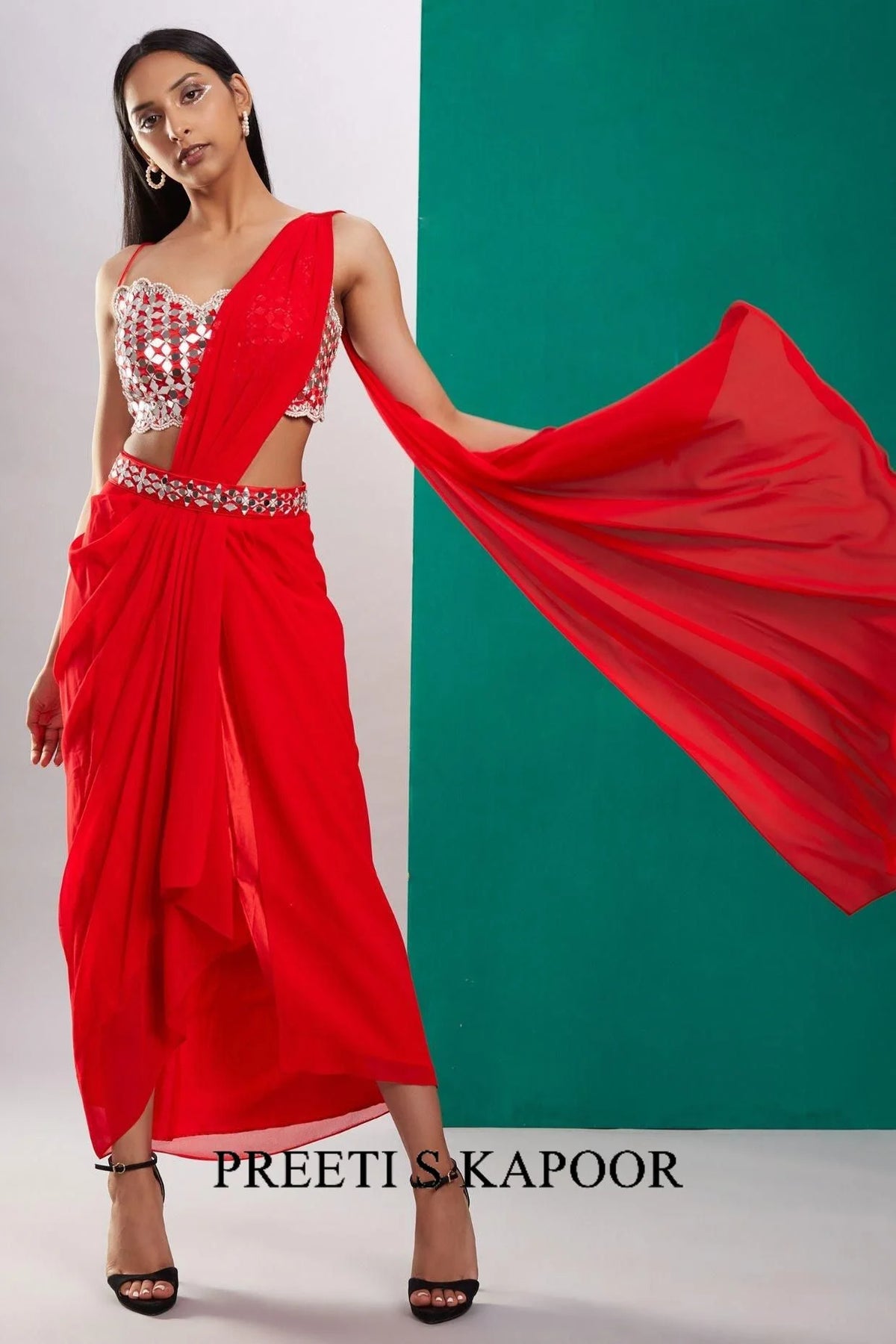 Red Mirror Drape Saree - Preeti S Kapoor