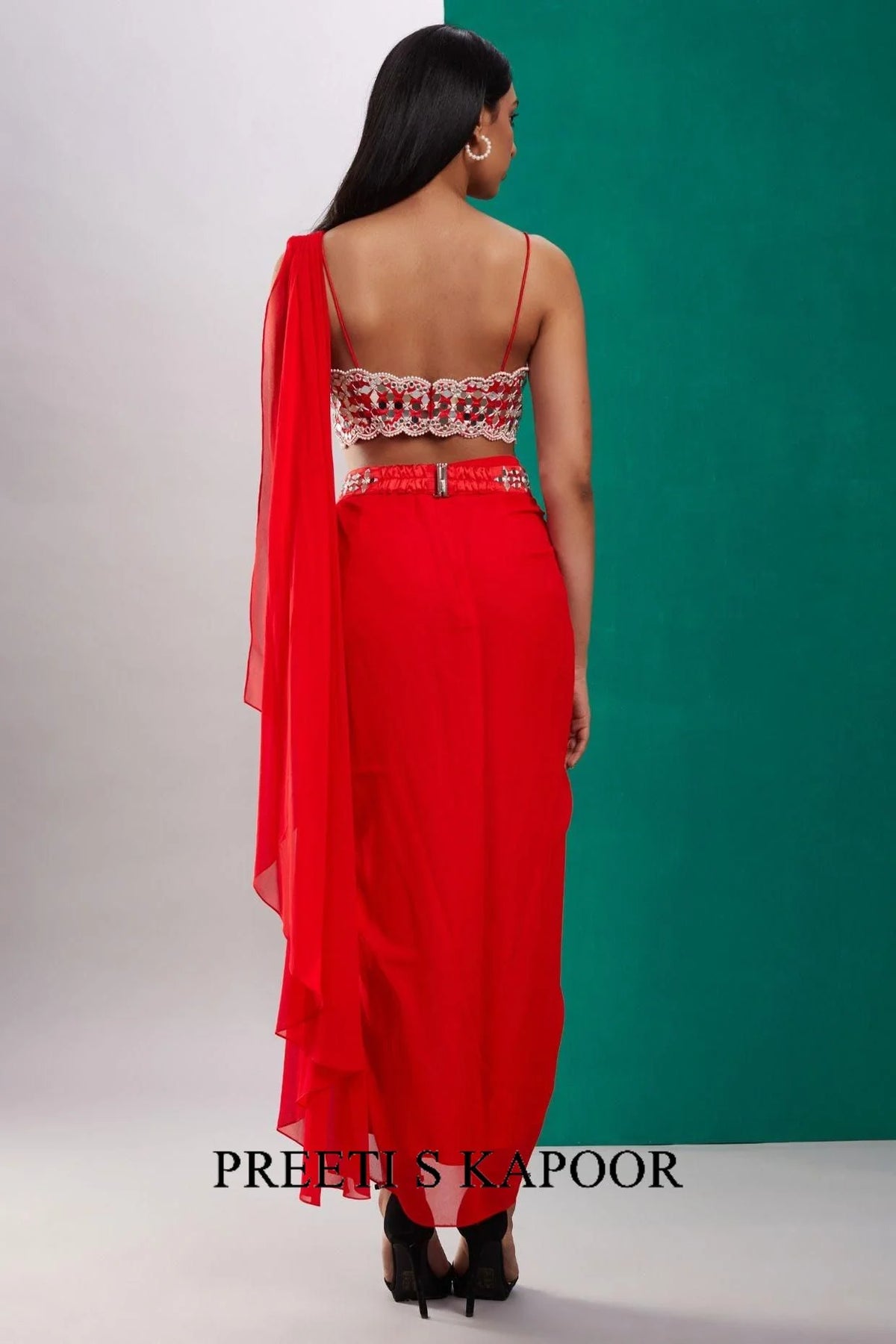 Red Mirror Drape Saree - Preeti S Kapoor